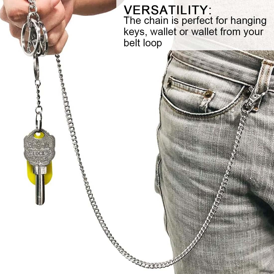 welsberg 2x Portachiavi a Catena Lunga 50 cm per Portafogli, Catena per Pantaloni in Acciaio Inox, Catena a Maglie Argentate per Uomo e Donna, con Moschettone e Anello