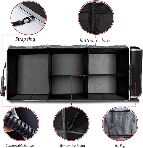 Miniatura 2 de HOMEVE - Organizador de maletero plegable extragrande con bolsa hielera, organizador de almacenamiento de 3 compartimentos con cubierta