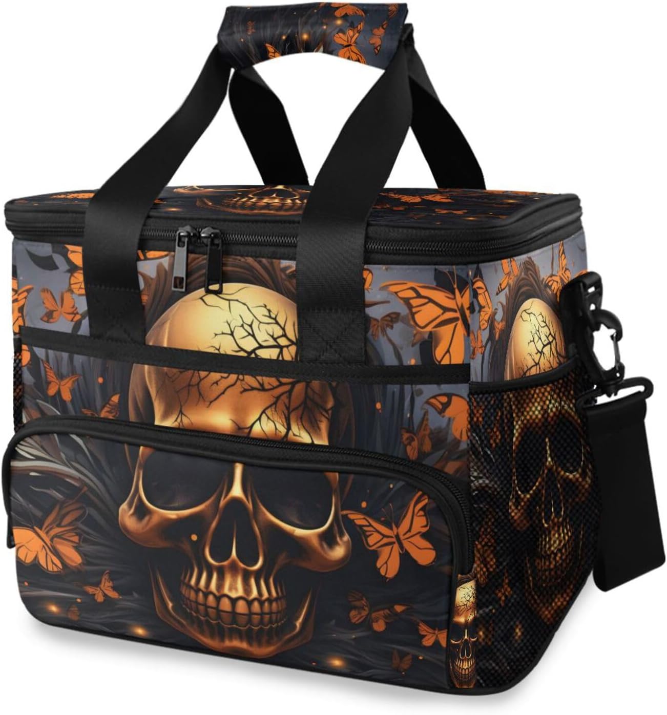 Brown Skull Butterfly Insulated Cooler Bag 24 Cans Large Capacity Lunch Box Leak Proof with Shoulder Strap for Picnic Camping