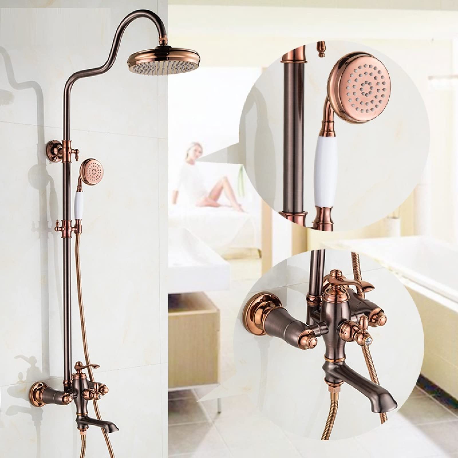 OZBMA Full Copper Black Bronze Rain Shower European Vintage Jade Set Orb Faucet with Lift, A Model