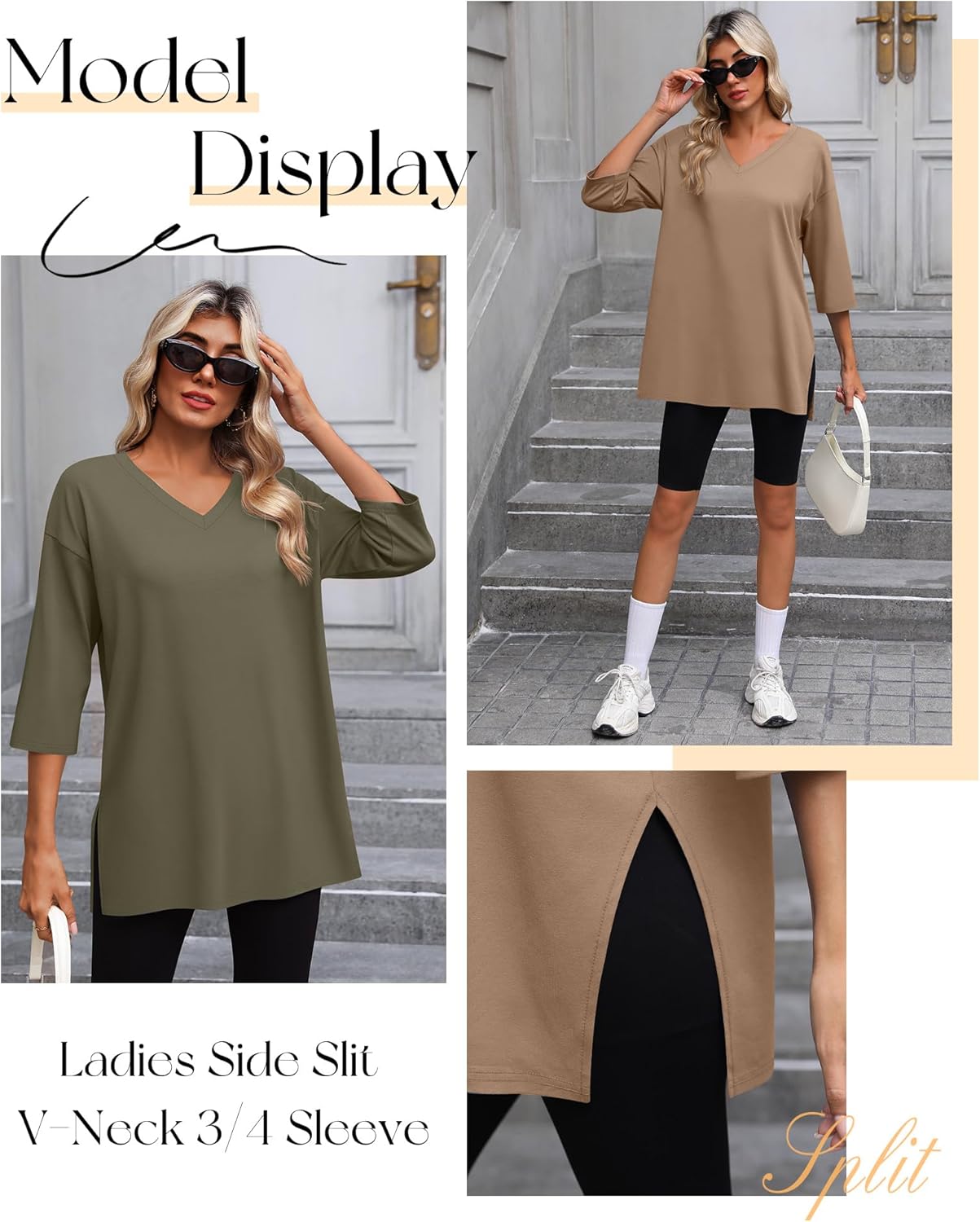 3 Pack Women's 3/4 Sleeve Oversized T-Shirts V Neck Comfy Casual Tunic Tops Knit Side Basic Split Loose Fit Tees - Image 3
