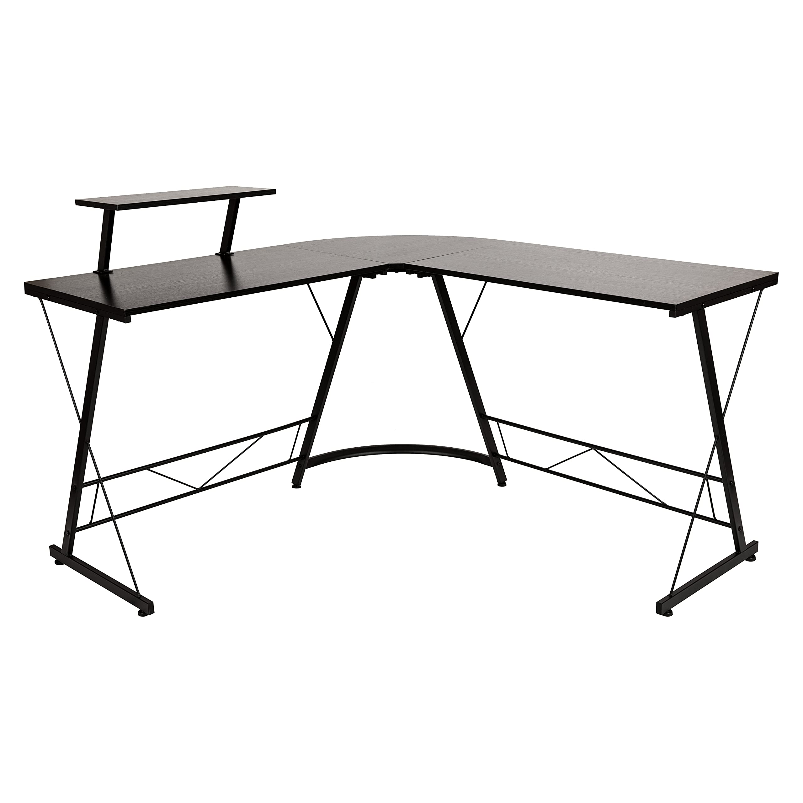Flash Furniture Ginny Corner Desk - Black/Black Space Saving L-Shaped Gaming Desk with Monitor Shelf - 71.5" 2-Tier Computer Desk, Home Office Desk, Easy Assembly