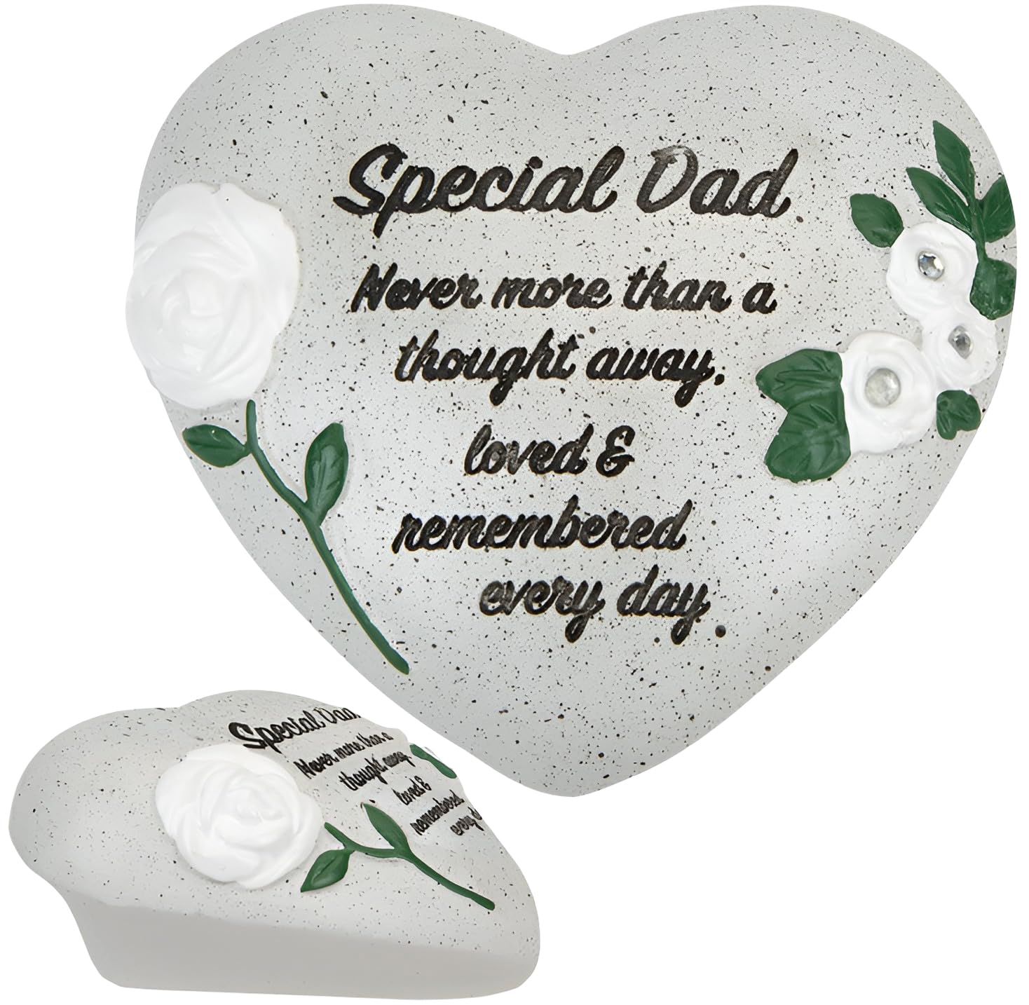 Quickdraw Supplies Light Grey Special Dad Memorial Heart Ornament With Diamantes & Roses – Graveside Grave Decoration, Cemetery Ornament, Sympathy Gift For Dad – Funeral Remembrance Tribute Stone Effect Keepsake