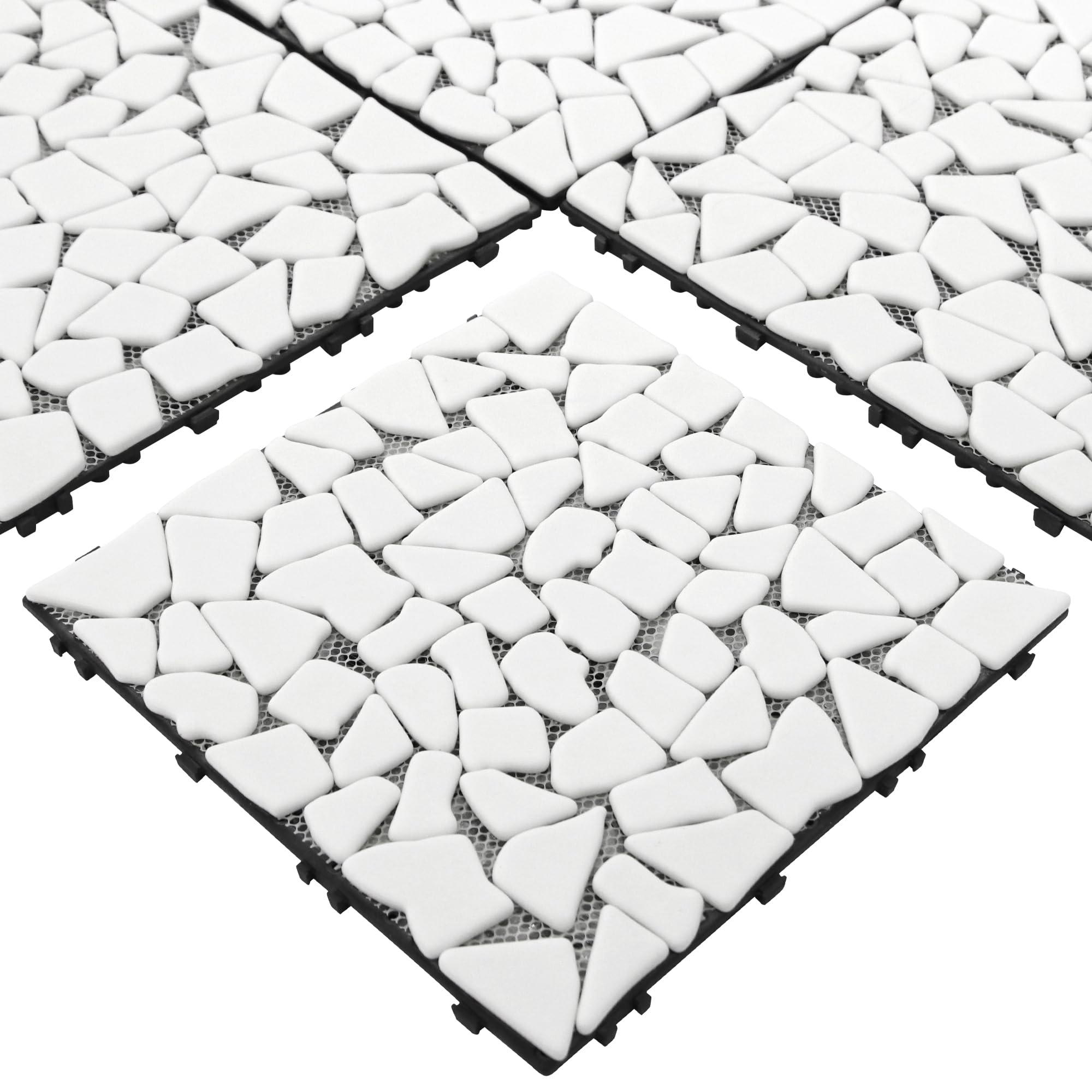 SUNWINGS 4PCS Natural Stone Interlocking Deck Tiles 12"x12" Pebble Waterproof Patio Deck, Outdoor Indoor Floor Decking Tiles for Porch Poolside Balcony Backyard, White
