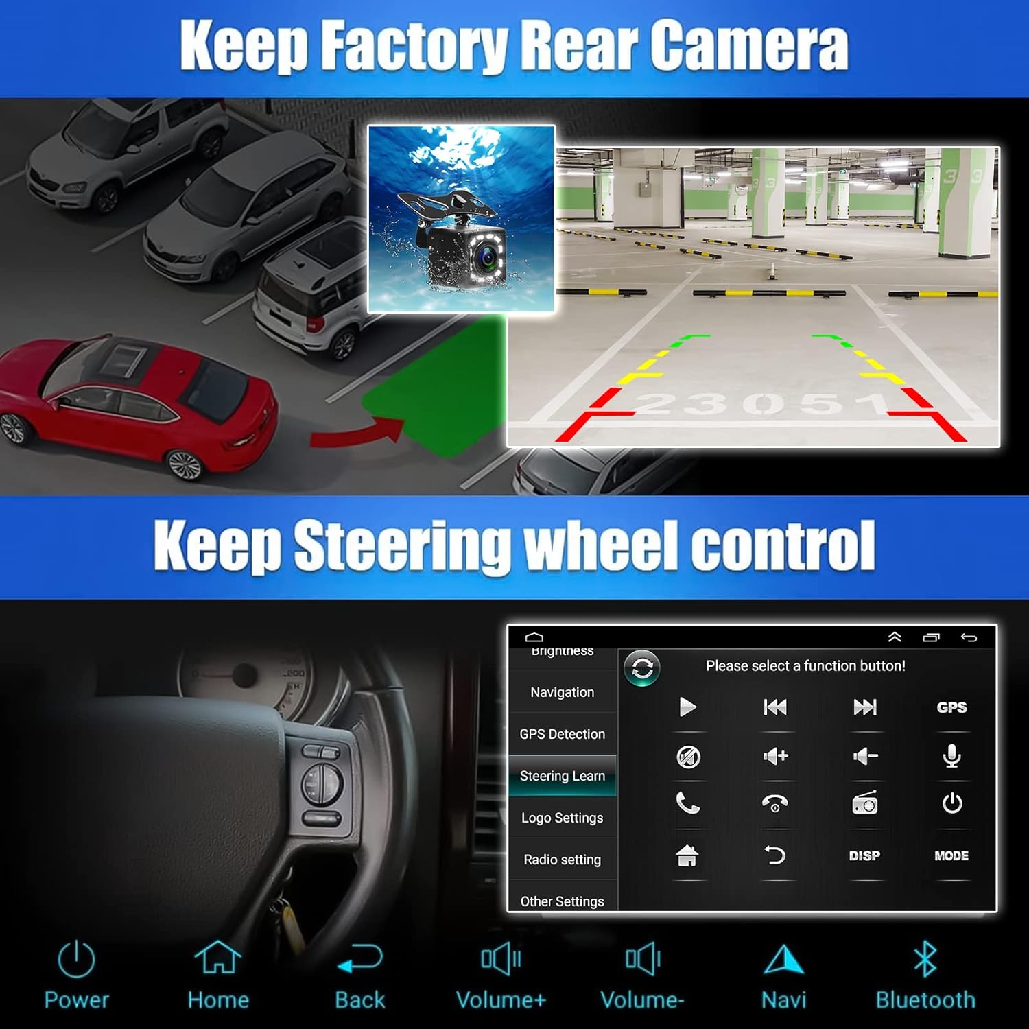 Image showing the car stereo displaying a backup camera feed with parking guidelines, and a separate image demonstrating steering wheel control functionality.
