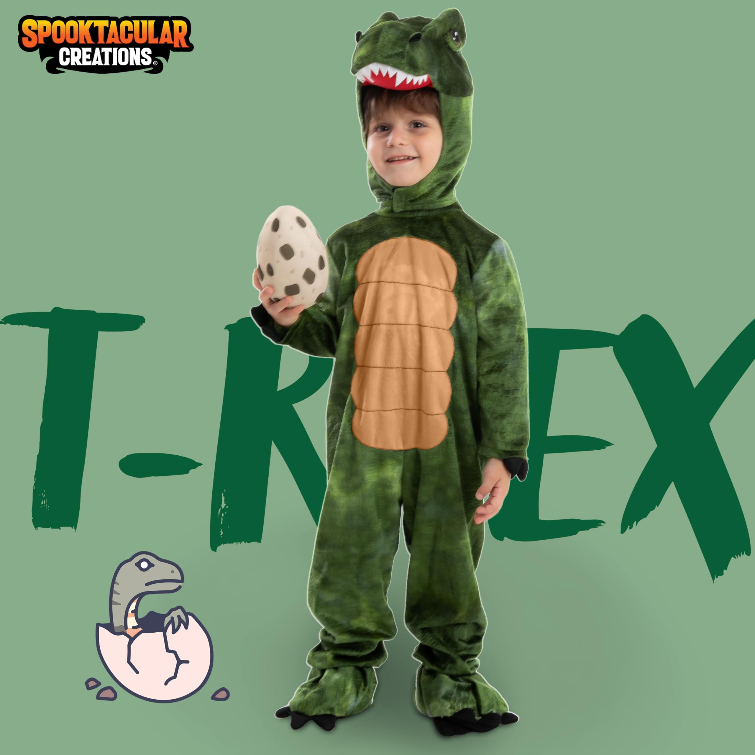 Spooktacular Creations Dziecięcy realistyczny kostium T-rex, kombinezon dinozaura z zabawkowym jajkiem, dla chłopców, Halloween, przebranie na imprezę