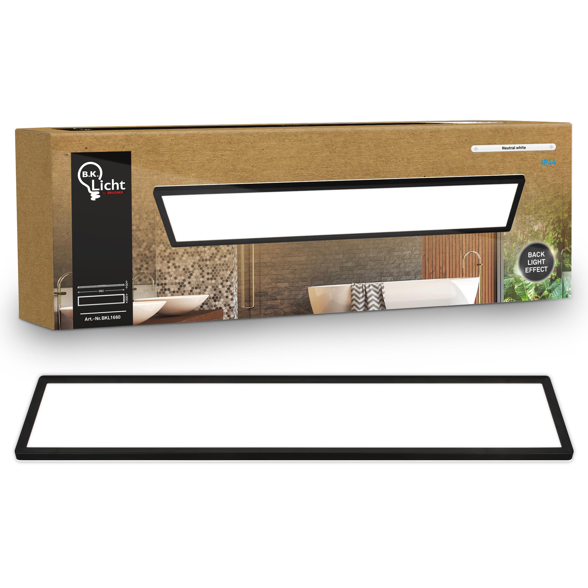 B.K.Licht - LED Deckenlampe mit indirektem Licht, Flach, Neutralweißes Licht, IP44, Panel, LED Lampe, Deckenleuchte, Badezimmer Lampe, Wohnzimmerlampe, Küchenlampe, 98x20x3 cm, Schwarz