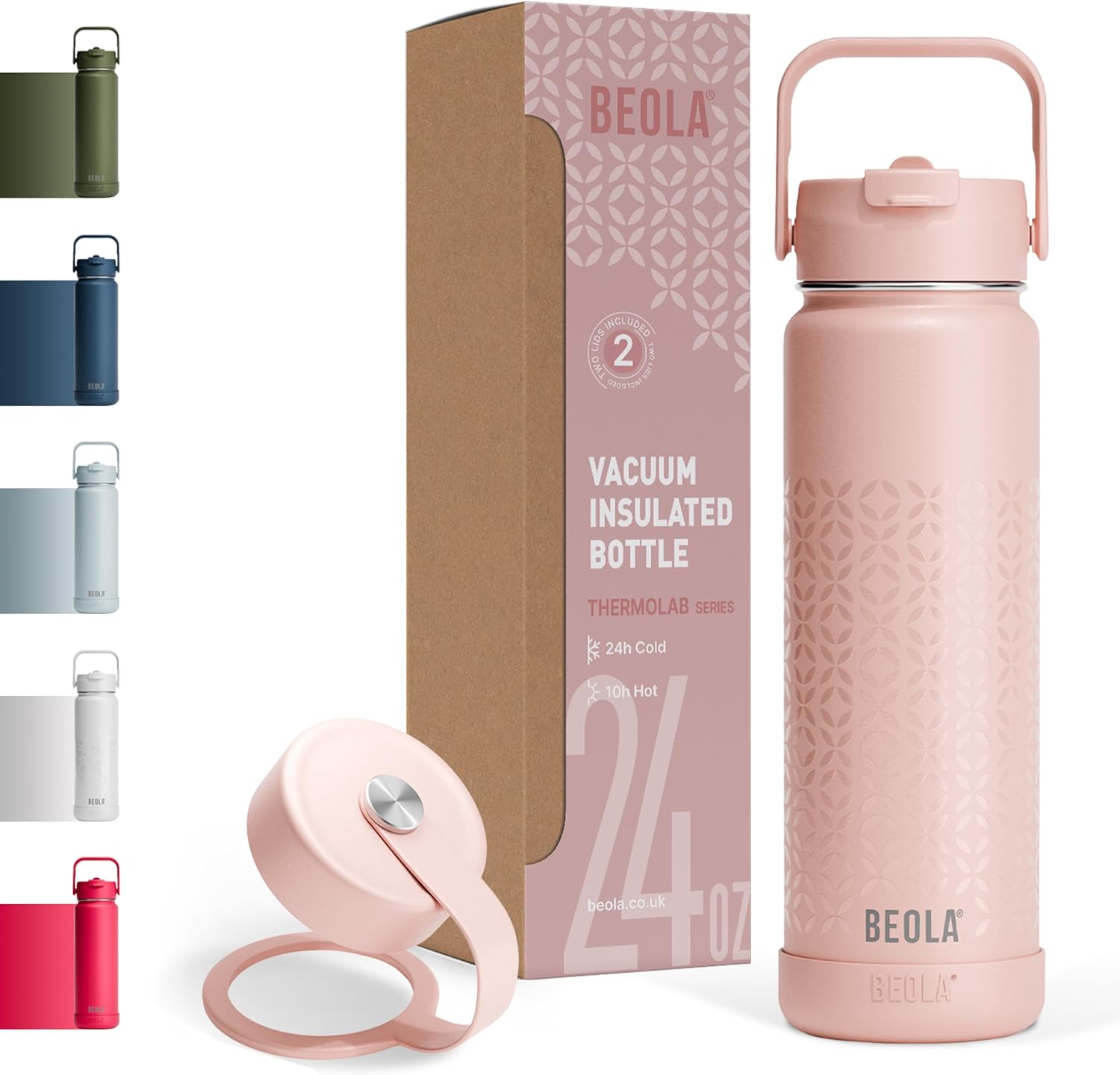 BEOLA 750ml Water Bottle 188 Stainless Steel 304 Double Wall Insulated Thermos Bottle with Straw Lid and wide mouth, 2 lids included, Hot Cold Liquids Sports Bottle, 25oz Blush Pink