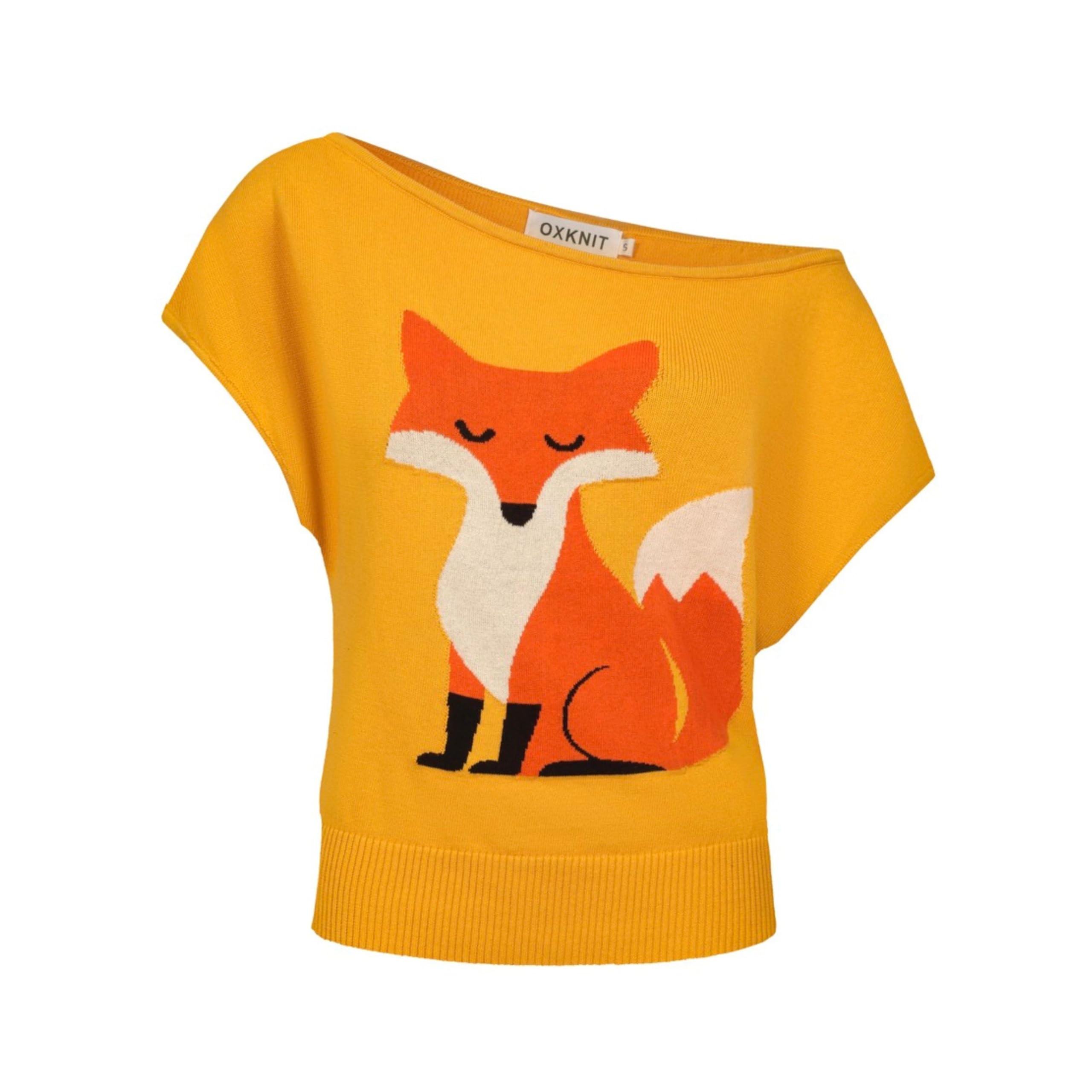 OXKNIT Camiseta de mujer amarilla con hombros descubiertos, con zorro, verano, punto de algodón, camiseta de ocio, versión corta