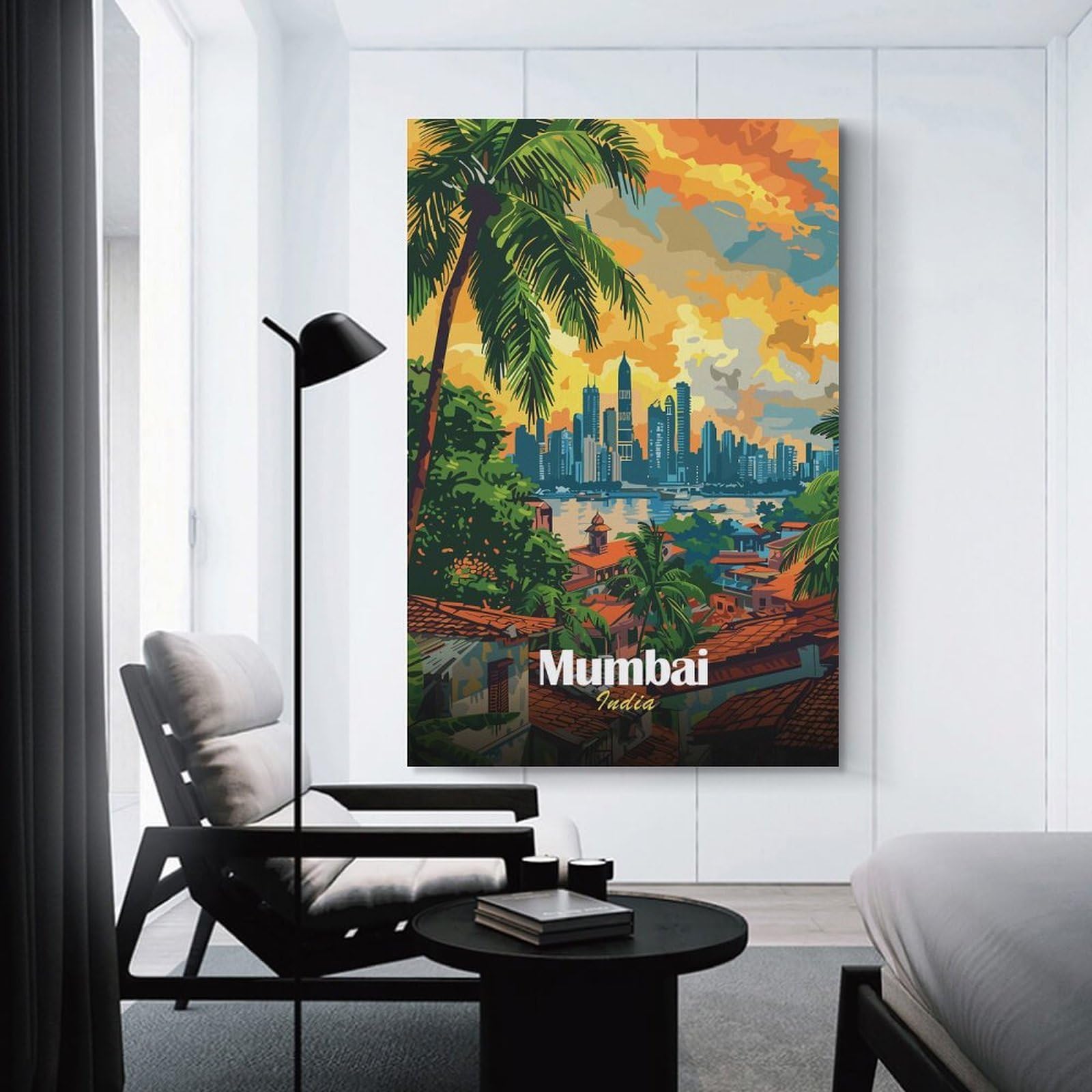 Junmoney Canvas Art Print Mumbai India Skyline Art, 24x36inch(60x90cm), for Calm Bedrooms, Home Corners Or Flats, A Warm Accent for Relaxed Interiors