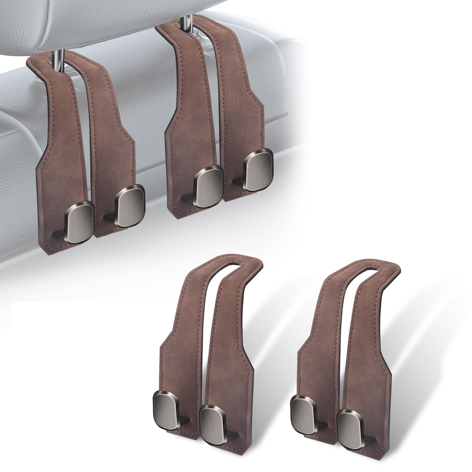 atFivoy 2Pcs Car Headrest Hooks with Premium Leather, Upgraded Double Metal Hooks with Anti-Drop Design, Universal Back Seat Hanger for Bags, Coats,