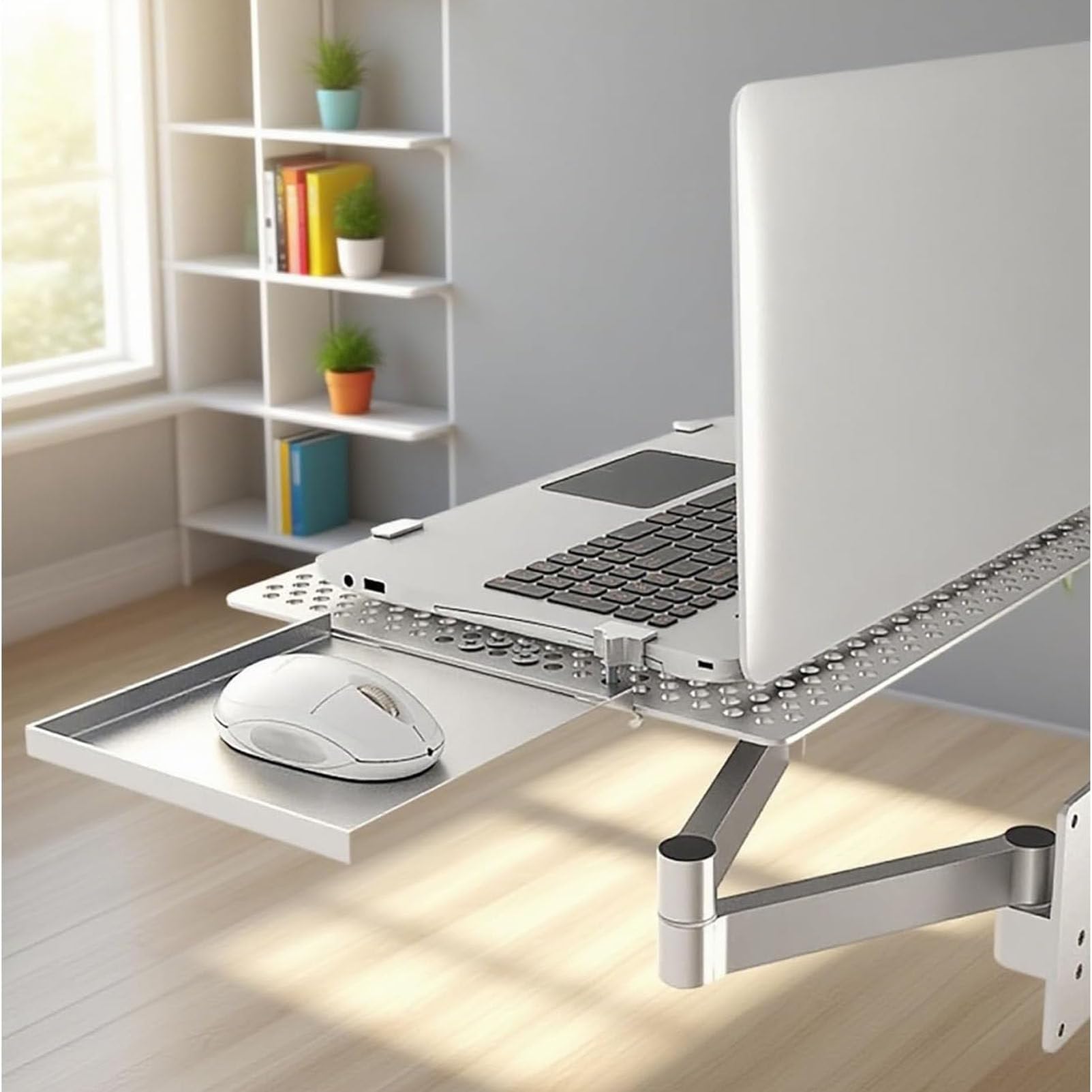 PioMue Wall Mount Laptop Desk With Vented Cooling Notebook Holder, 360 Degree Rotating Articulating Arm For Small Space Home Workstation