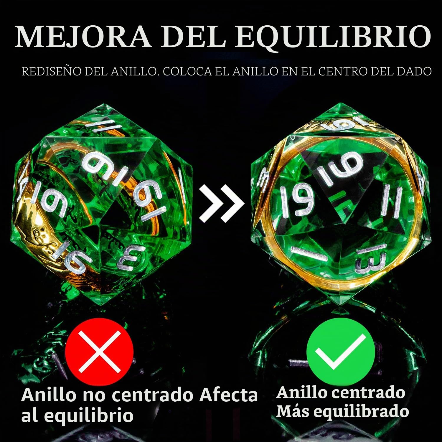Juego de dados DND con anillo dorado mágico con estuche, resina verde con borde afilado D y D para usar con D&D Tabletop Games Lord hecho a mano con dados poliédricos D20 D12 D10 D8 D6 D4