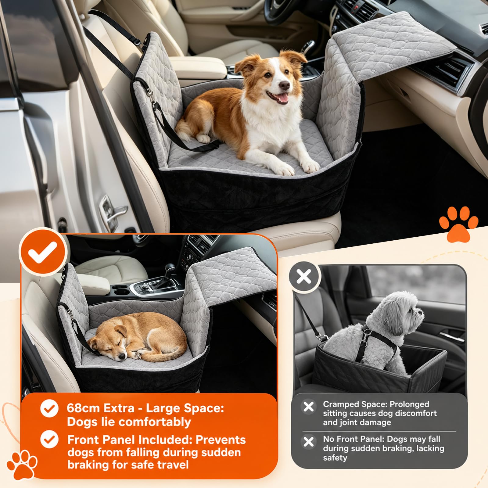 Erhöhter Hunde Autositz für kleine Hunde bis 16 kg mit Sicherheitsgurten | Hundeerhöhung für mittelgroße Hunde mit 2 Taschen, Hundesitz abnehmbarer & waschbarer Bezug + Kissen Stützschaum