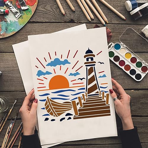 Miniatura 4 de MAYJOYDIY Plantillas de faro de mar de 11.8 x 11.8 pulgadas, plantilla de barco náutico oceánico para barco de vela reutilizable, nubes de verano,