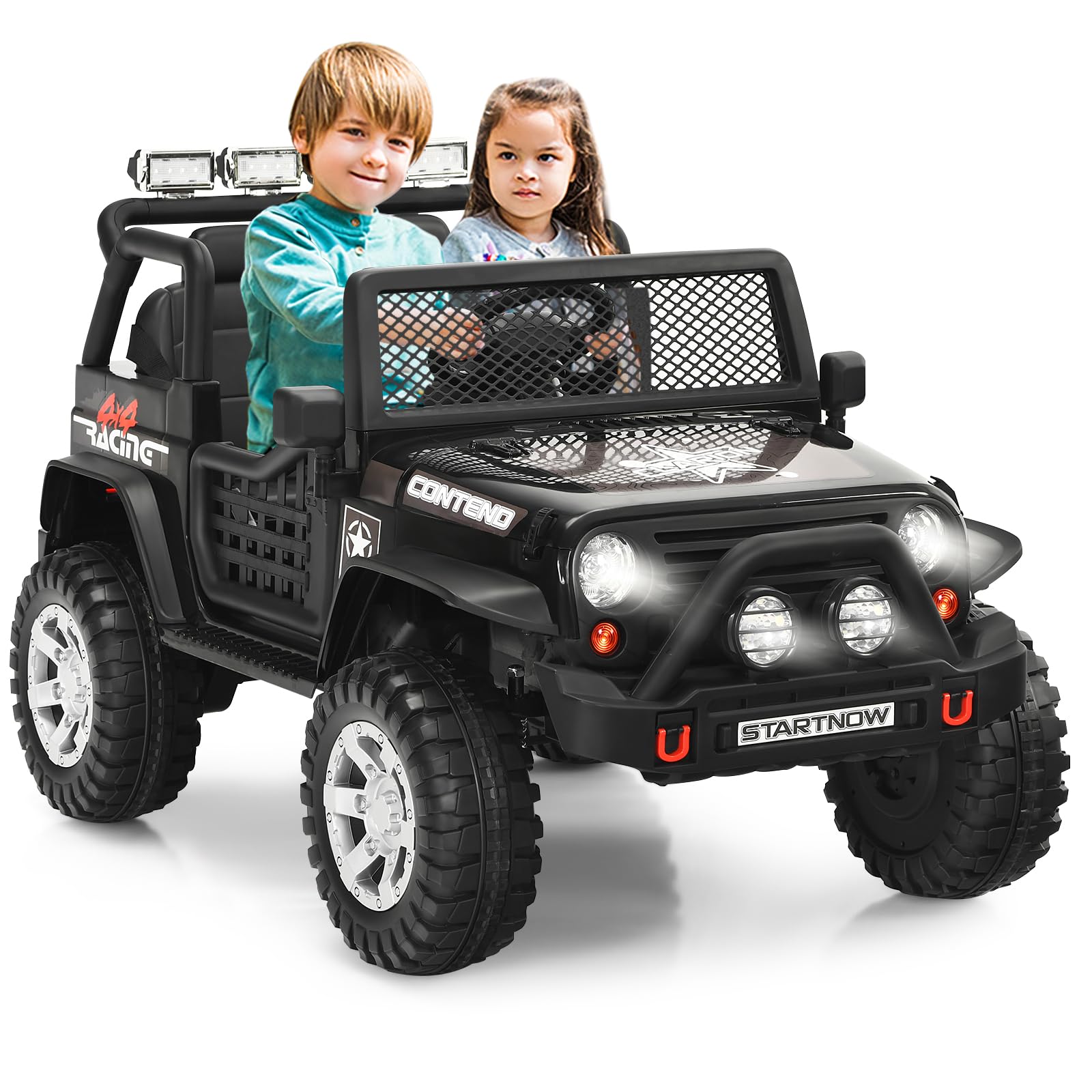 HONEY JOY 2 Seat Ride On Truck,12V Battery Powered Electric Cars for Kids, Spring Suspension, LED Lights, Remote Control, Horn, Music/ MP3, Toddler 4 Wheeler Ride On Toys Car for Girls(Black)
