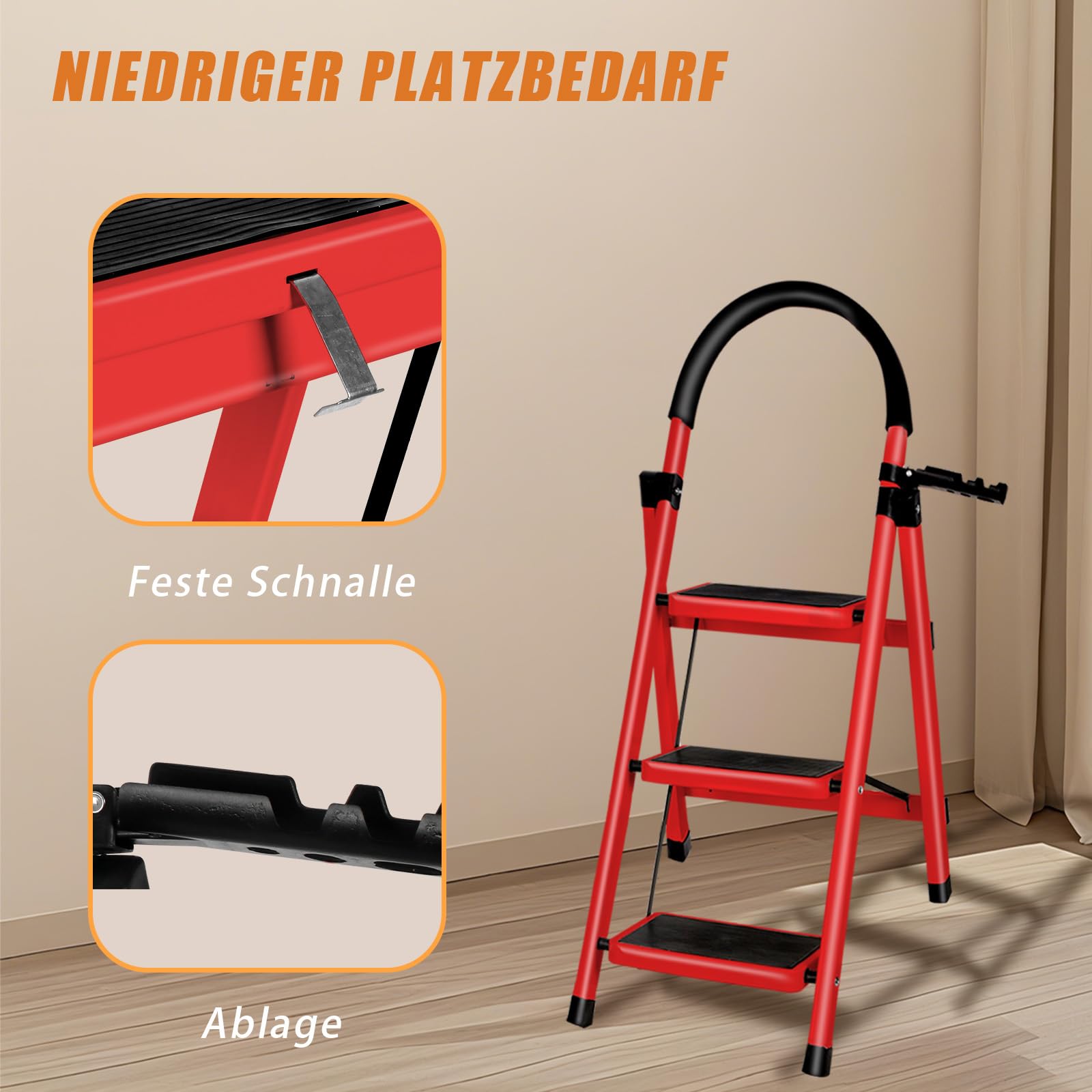 Escabeau 3 Marches, Pliable en Acier Solide et Stable - Marche Pied Pliable, Charge 150 kg - Plateforme de Travail, Antidérapante et Confortable 104 x 57 x 41,5 cm - 3 marches (Rouge)
