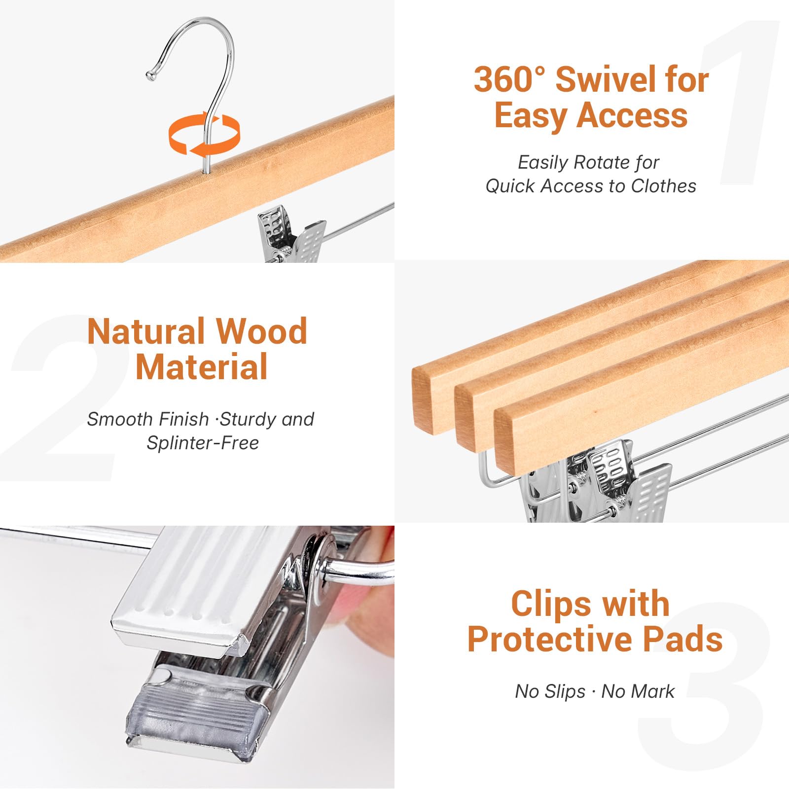HOUSE DAY Hosenbügel aus Holz mit rutschfesten Clips, solide Lotus-Deluxe-Holz-Kleiderbügel, robuste und rostfreie Haken für faltenfreie Hosen, Röcke, Jeans, platzsparend, für Schrank, 20 Stück
