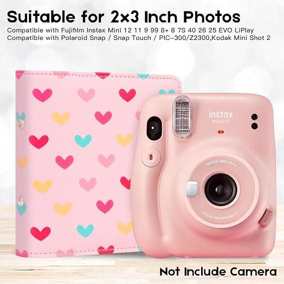 Ruibytree 112 Pockets Small Photo Album 2x3 for Fujifilm Instax Mini Series Instant Film, Polaroid Snap, Z2300, SocialMatic Instant Cameras & Zip Printer (Hearts Pink,1 Pack)
