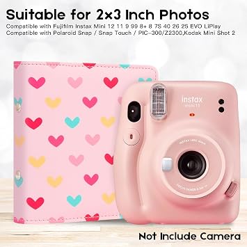 Ruibytree 112 Pockets Small Photo Album 2x3 for Fujifilm Instax Mini Series Instant Film, Polaroid Snap, Z2300, SocialMatic Instant Cameras & Zip Printer (Hearts Pink,1 Pack)