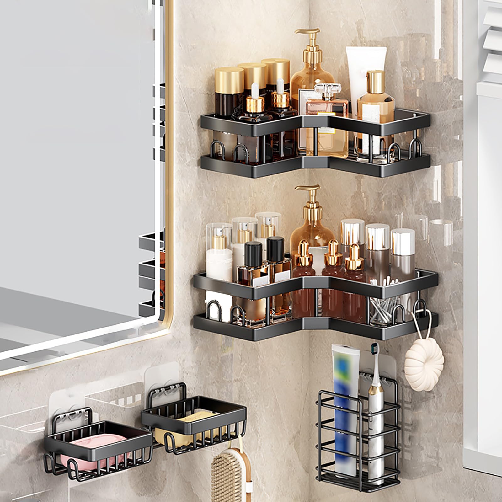 Étagères d'angle douche sans perçage : lot de 5 rangements muraux anti-rouille