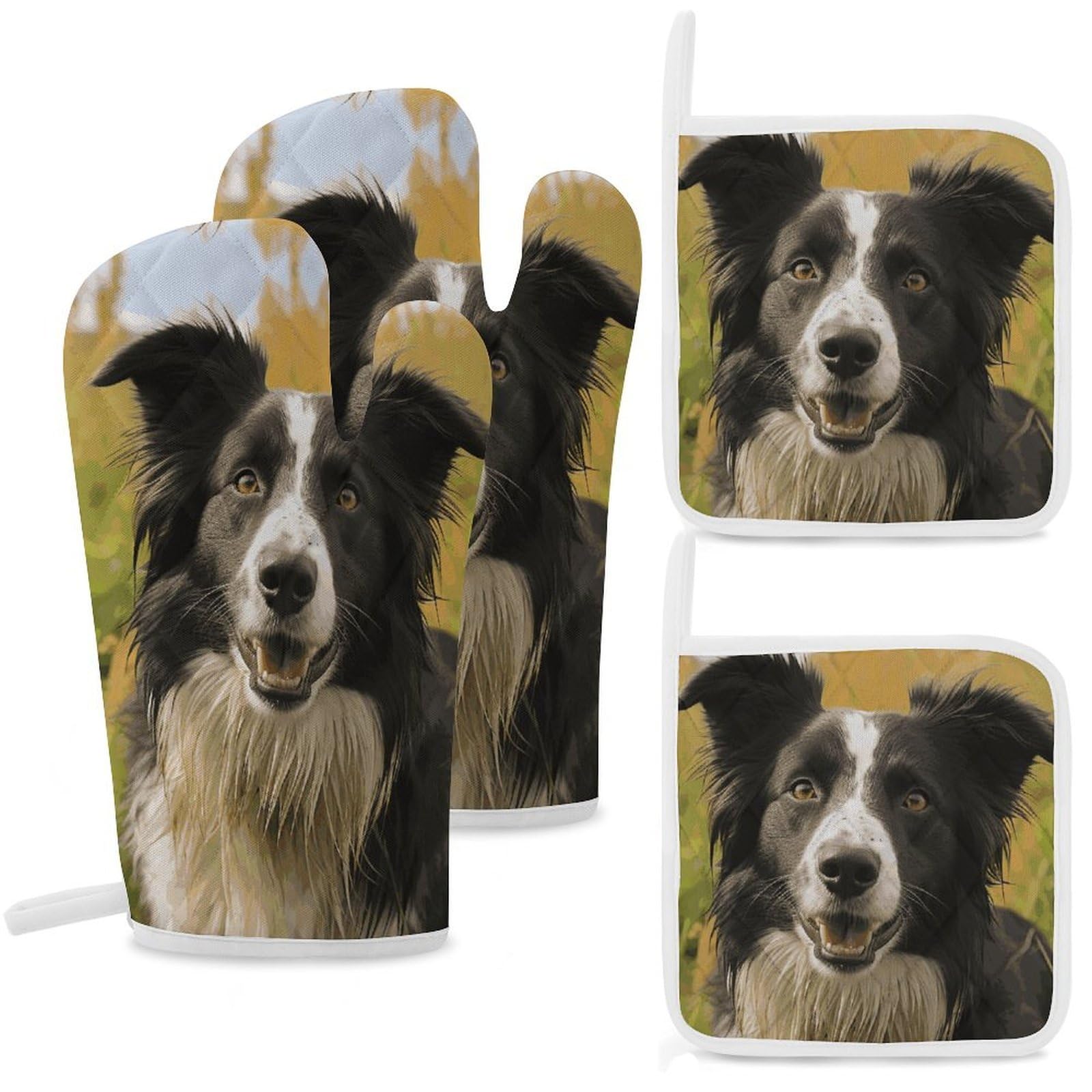 Mohado Border Collie Dog Oven Mitts and Pot Holders Sets Heat Resistant Oven Glove with Hanging Loop for Baking Cooking BBQ Thicken Potholders for Kitchen