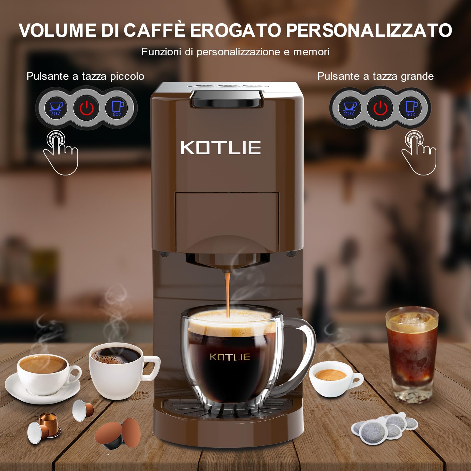 KOTLIE Macchina Da Caffè Capsule 4 in1,Per NES/DG/Caffè Macinato/ESE PadS(44mm),19Bar,800ML(AC-513K)