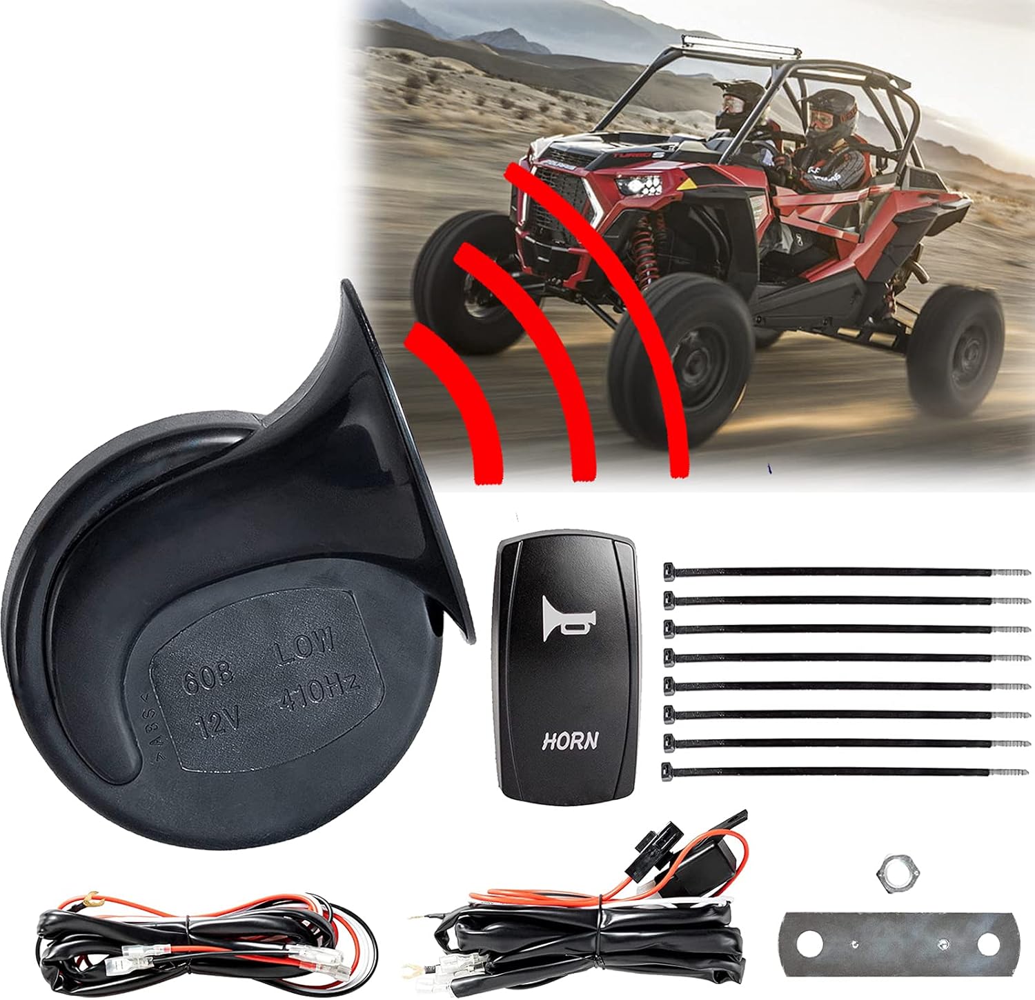 Amazon 12V ユニバーサルUTVホーンキット ブルーロッカースイッチ付き Polaris Ranger RZR Can Am