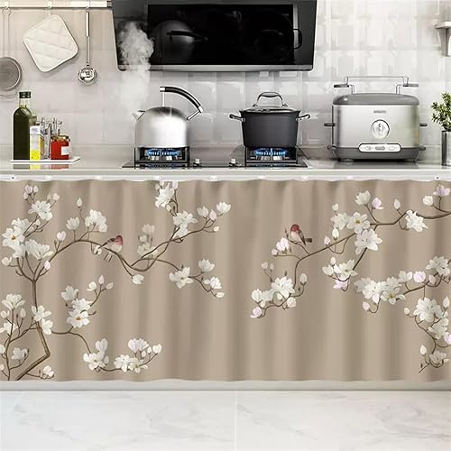 Vista 19 de SK Studio Cortinas cortas para cocina, estante de gabinete, a prueba de polvo, cortina opaca para café debajo del fregadero, falda para baño