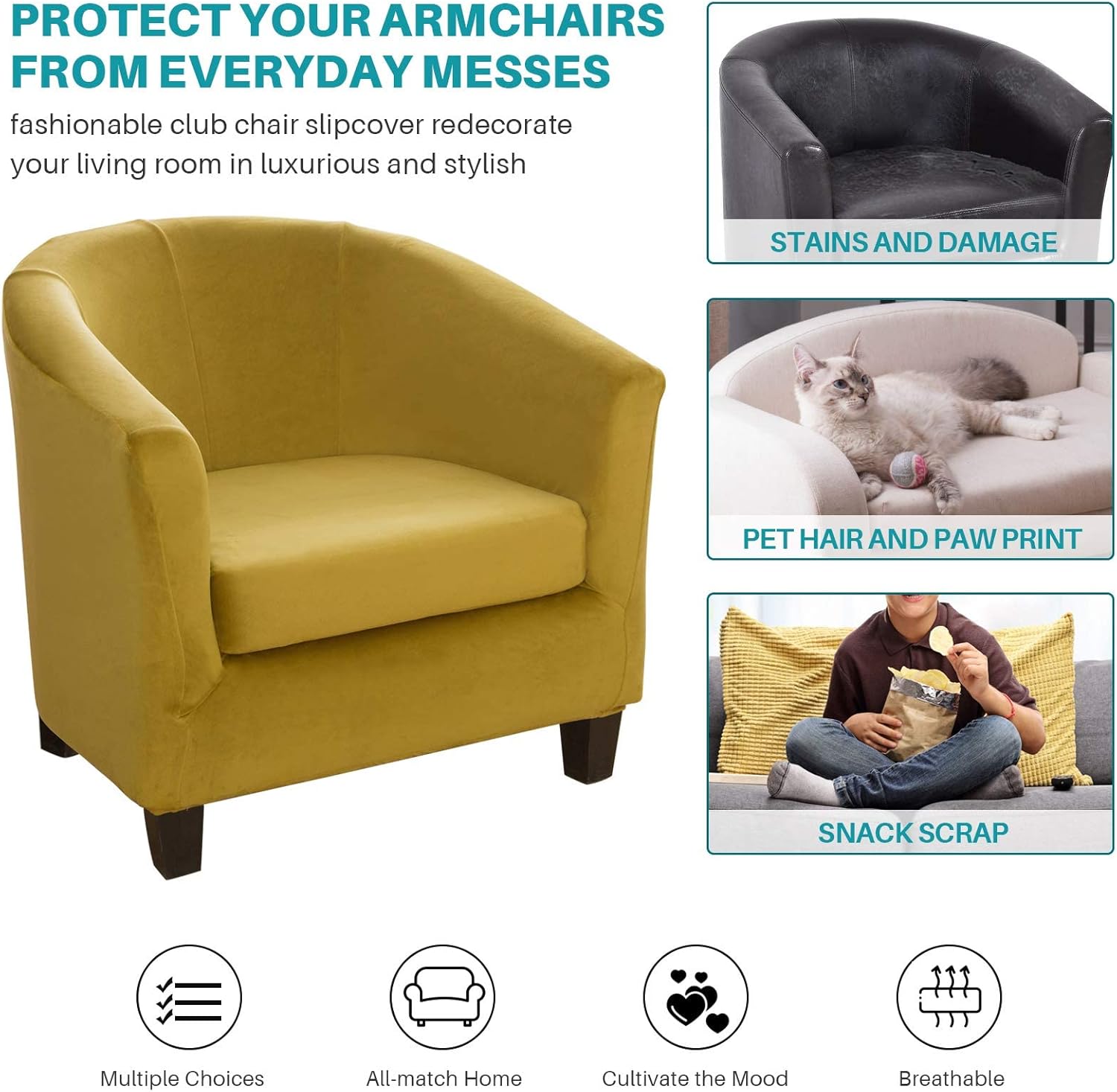 ele ELEOPTION Velvet Club Chair Slipcover 2-Piece Tub Armchair Cover Slipcover Furniture Protector with Elastic Bottom Super Soft Couch Cover for Hotel Bar Counter Living Room (06)
