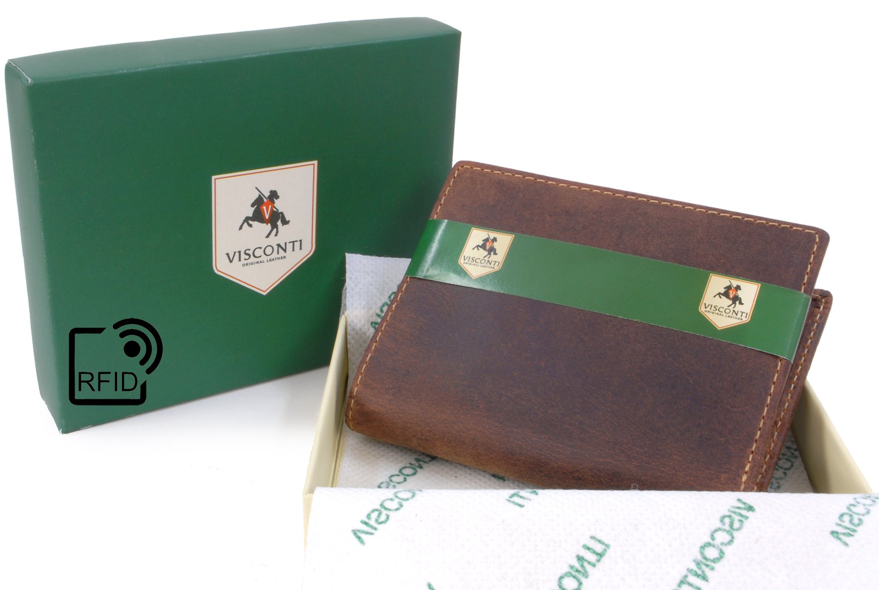 VISCONTI - Portafoglio Uomo Compatto in Pelle - Porta Carte di Credito per 6 Carte con Portamonete - Due Pieghe - RFID - 705 Arrow Olio Marrone Chiaro