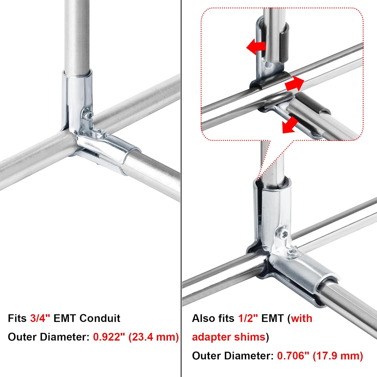 10 Sets 90 Degree Pipe Clamp Connectors, Fits 3/4" EMT Directly, Includes Adapter Shims for 1/2" EMT