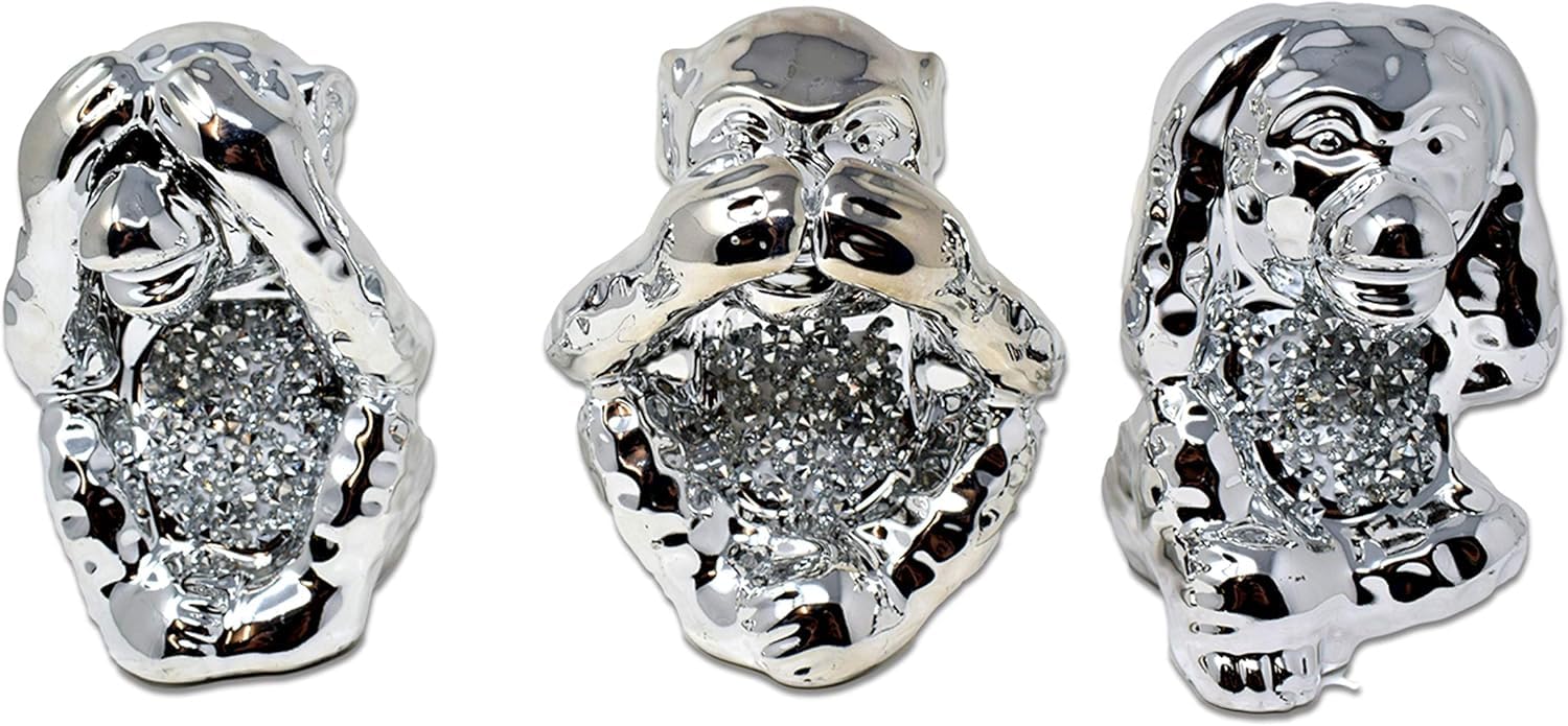 Silver Sparkle Ornament Bling Crushed Diamond Gift | Silver Hear-No, See-No, Speak-No Evil Monkeys Animal Statue | Present for All Occasions, Home Decor