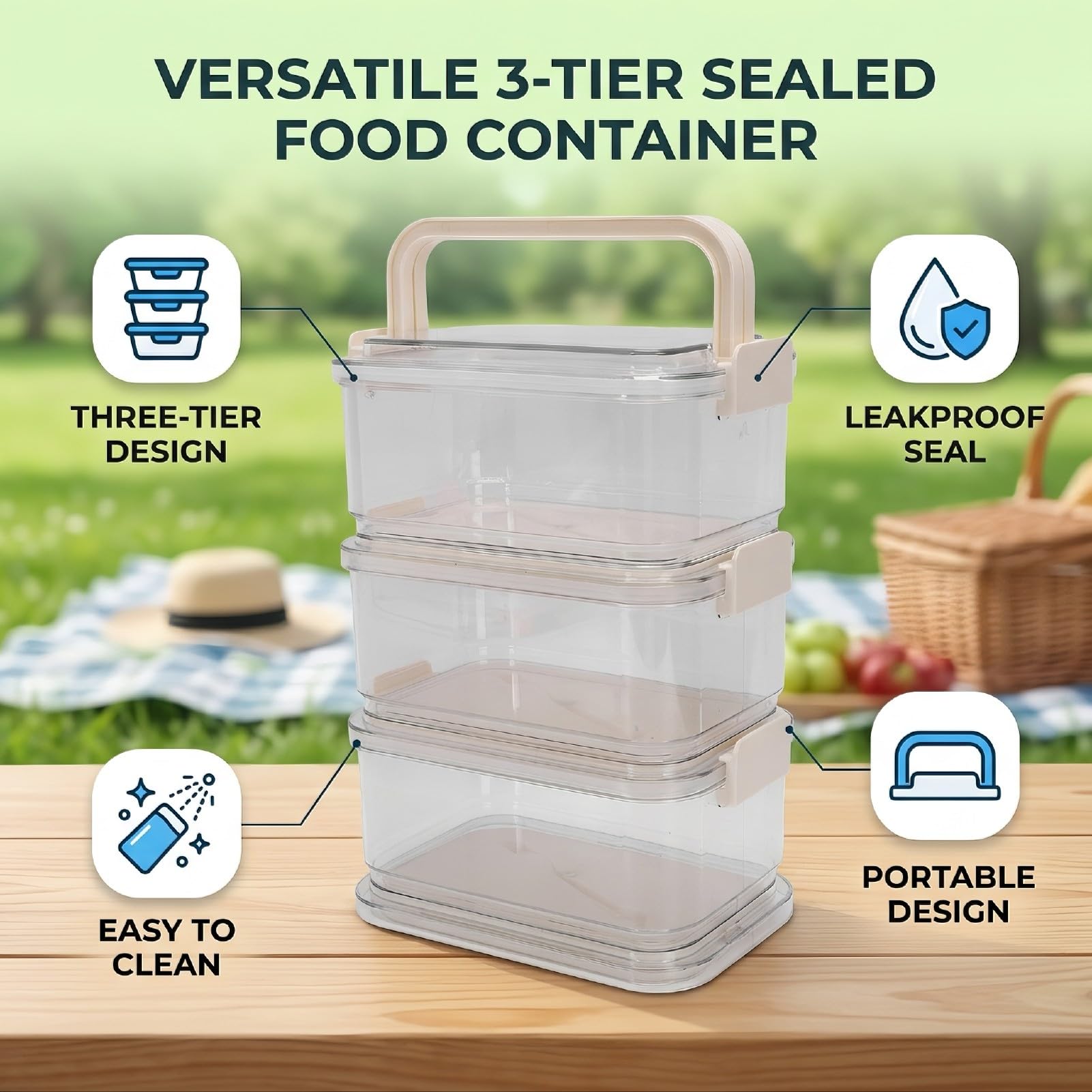 TOPINCN Contenedor de Alimentos de 3 Niveles, Recipiente de Plastico para