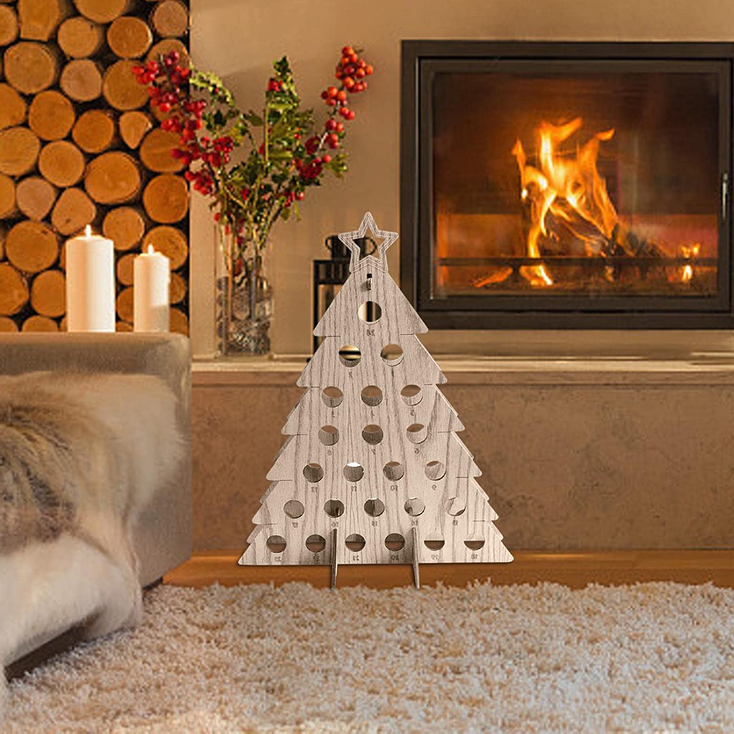 Árbol de navidad, Cuenta regresiva al calendario de la torre de la cerveza de la Navidad, naturaleza de madera del árbol de madera del calendario de adviento, mini botella de vino CALENDARIO DE ADVICU