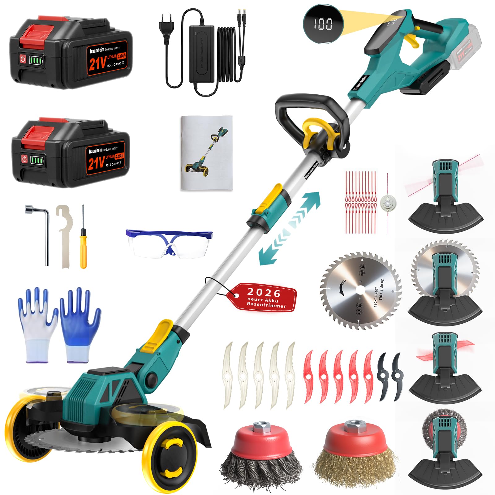 Cortabordes Inalámbrico 21V, Compatible con Baterías Makita, Desbrozadora con Cepillo para Maleza, 2 Baterías de 4.0Ah Incluidas, Motor sin Escobillas de 900W para Césped, Jardín, Patio (Azul)
