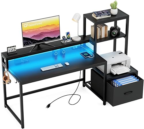 Miniatura 1 de GreenForest Escritorio de oficina con tomas de corriente y estante para impresora, escritorio de computadora de 59 pulgadas con LED y cajón,