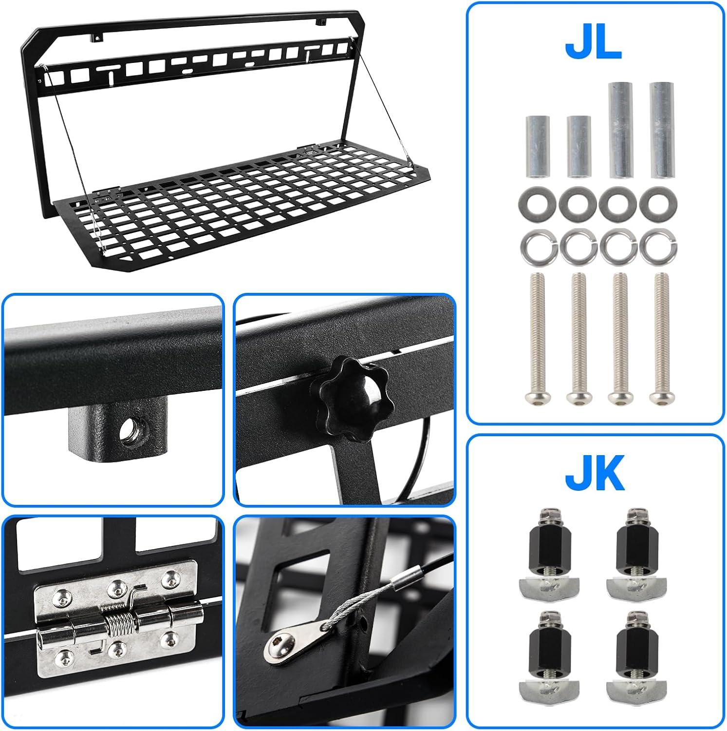 Tailgate Table Rear Foldable Storage Cargo Rack, Storage Shelf Molle Panel for 2007-2025 Jeep Wrangler JKU &JL JLU 4 Door(Not fit with Low Speaker JK Models)