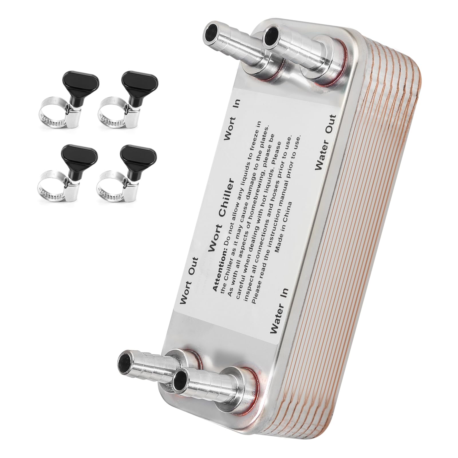 FERRODAY Wort Chiller, 20 Plate 1/2 Barb Fitting Plate wort Chiller, Stainless Steel Brazed Plate Heat Exchanger for Homebrew, beer brewing chiller Wort Cooler Heat Exchanger-7.5