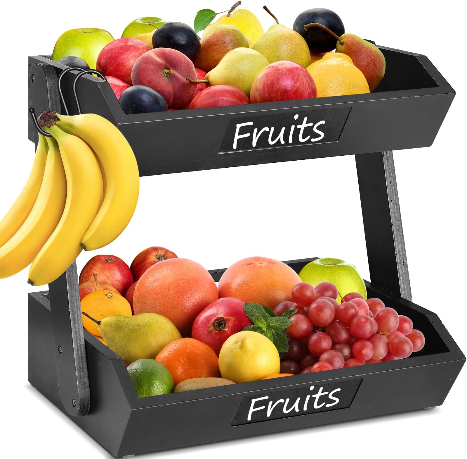 2 Tier Fruit Basket for Kitchen, Wooden Vegetables Bread Fruit Storage Basket Bowl Stand, Dining Table and Kitchen Counter Organizer, Wood Fruit Bowl and Vegetable Storage for Countertop