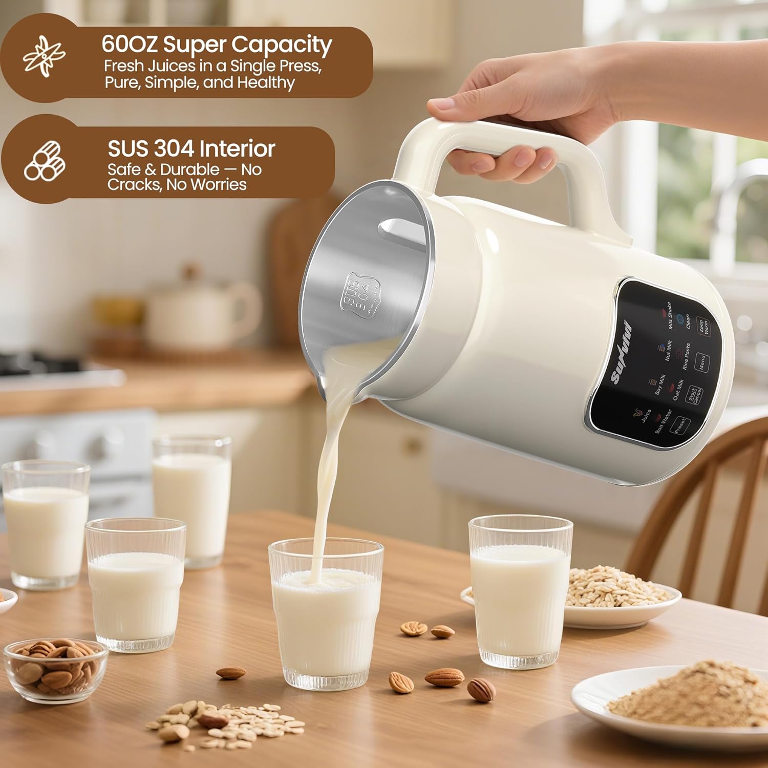 Sunvivi 8 in 1 Nut Milk Maker Machine: 60oz Soy Milk Maker for Soy/Nut/Oat Milk, Juice, Milkshake, Rice Paste and Boil Water, Countertop Blender with Delay Start/Keep Warm/Self Cle...