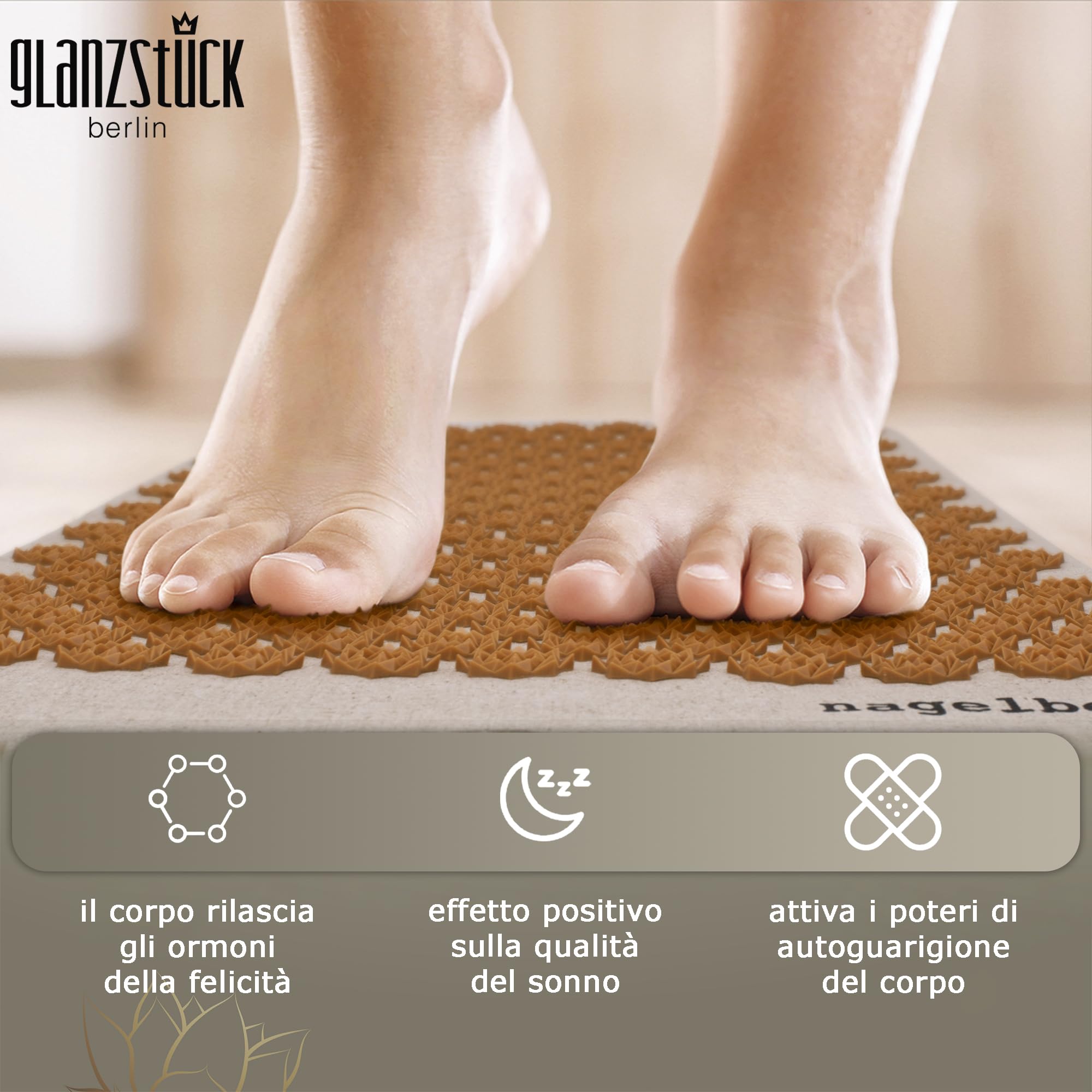 Glanzstück Berlin® Health Collection: Set di tappetini per agopressione XL originale in lino, aiuto in caso di tensioni, mal di schiena, tappetino massaggiante con cuscino (funzione termica) e