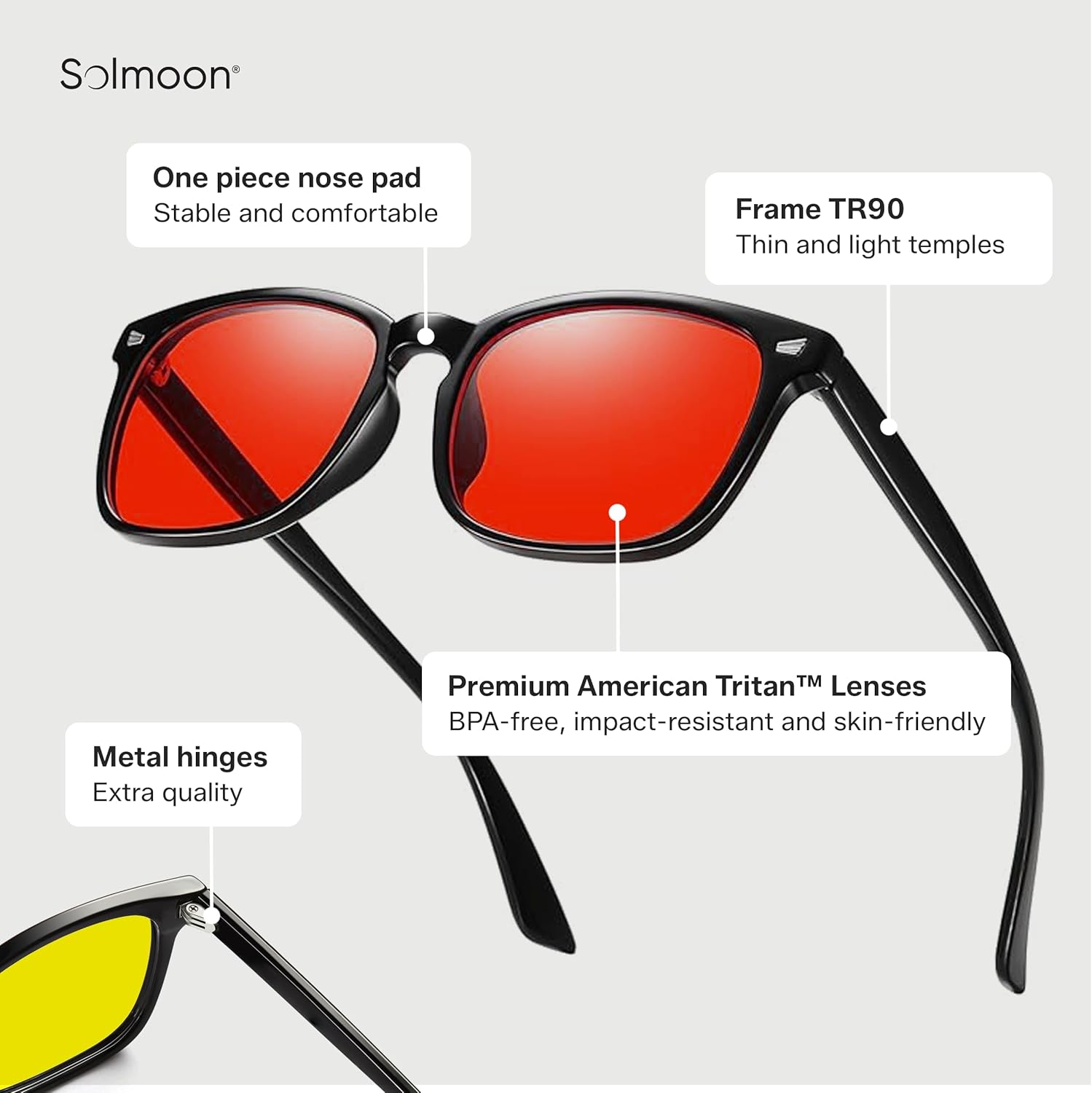 Solmoon - Blue Light Blocking Glasses - Sunset Yellow Lens + Deep Night Red Lens, American Tritan™ BPA-Free Lenses, Includes 2 Pouches & Cleaning Cloth - Men & Women Red Lens Glasses