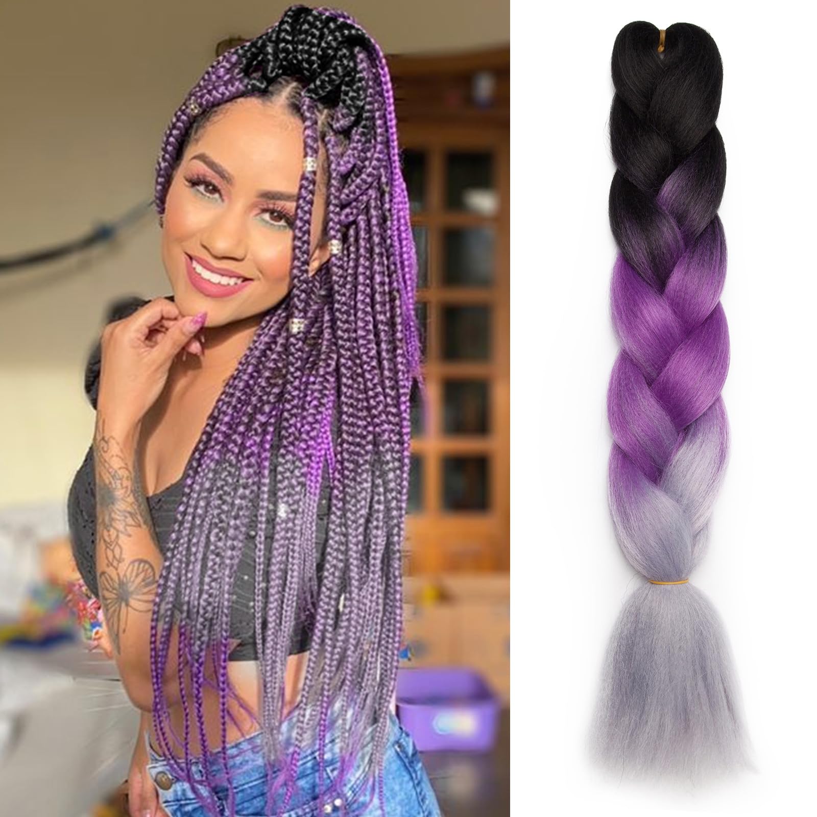 TESS 24 Inch Braiding Hair Festival Accessories DIY Rainbow Twisted Hair Extensions Crochet Synthetic Wig for Women UK 3 Colours #11 Black & Blue & Light Gray
