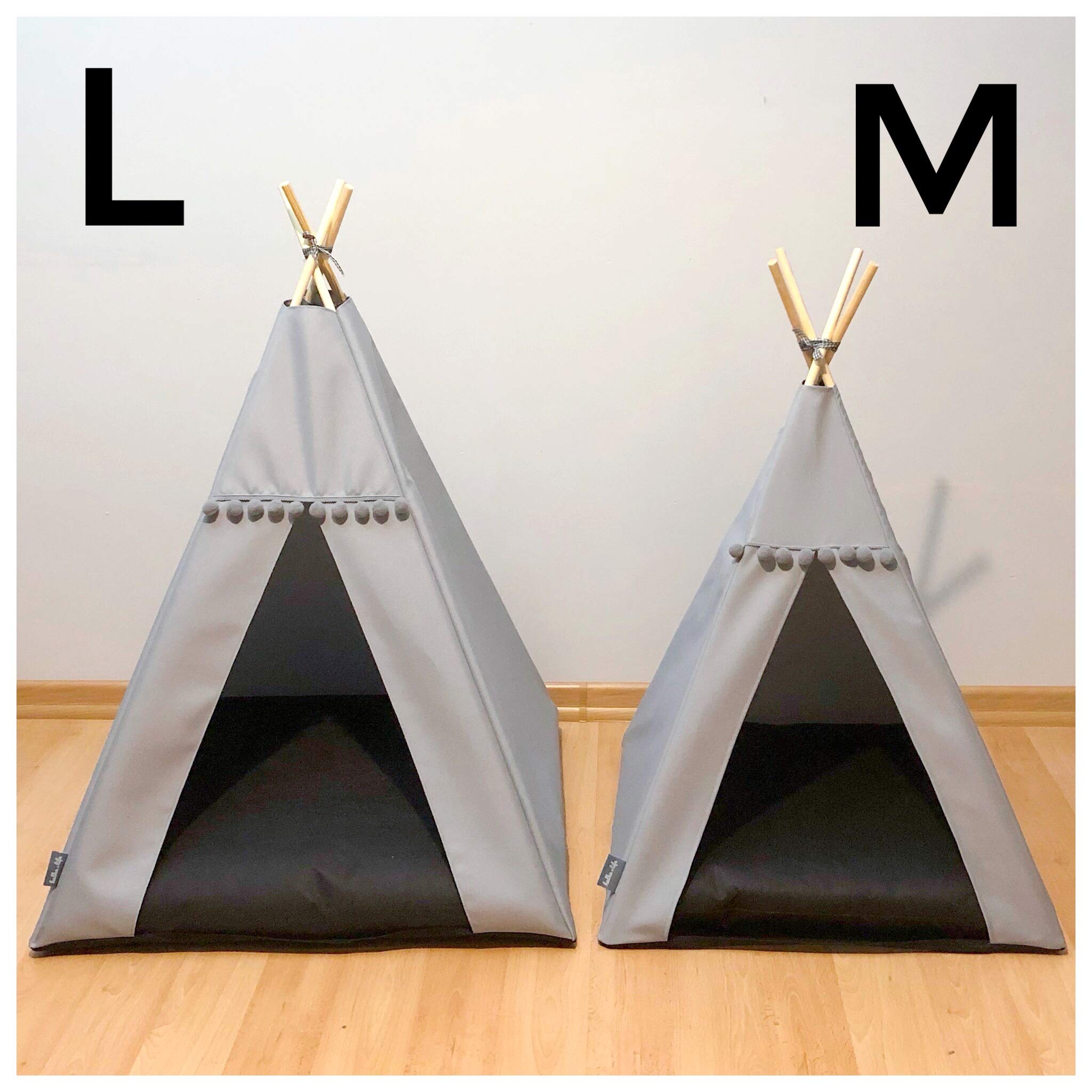 Tipi pour Chat ou Chien avec Pompons, Tente pour Chien et maisonnette pour Chat. (55x55x82cm, Gris, Pois Orange)