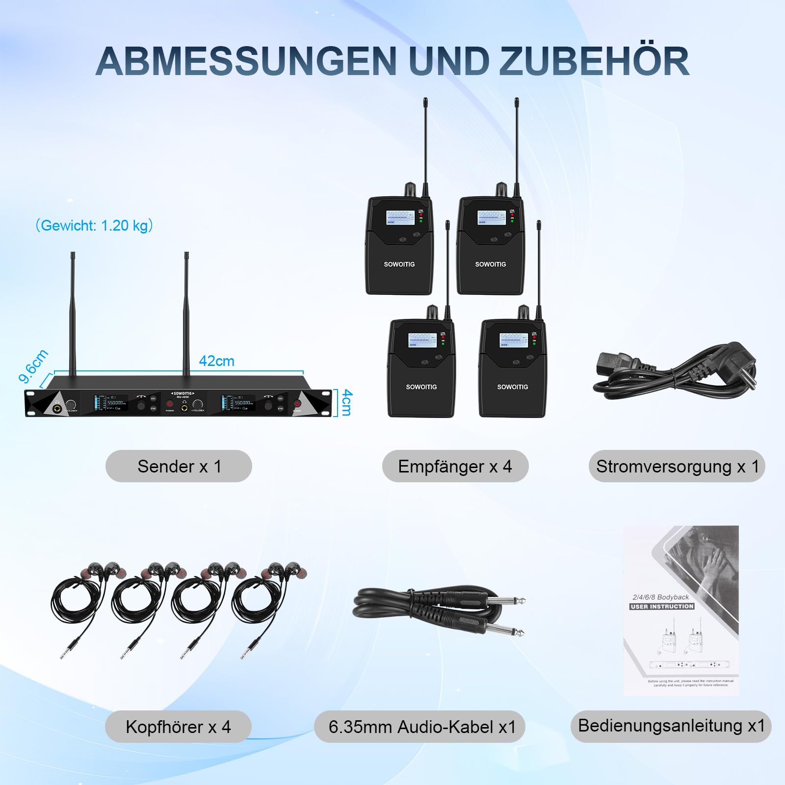 Drahtloses In-Ear-Monitoring-System, 2-Kanal UHF Mono IEM mit 4 Bodypacks | Metall-Rack-Sender, 2 × 40 Frequenzen, Reichweite bis 100 m, für Sänger, Bands, Studio und Bühne