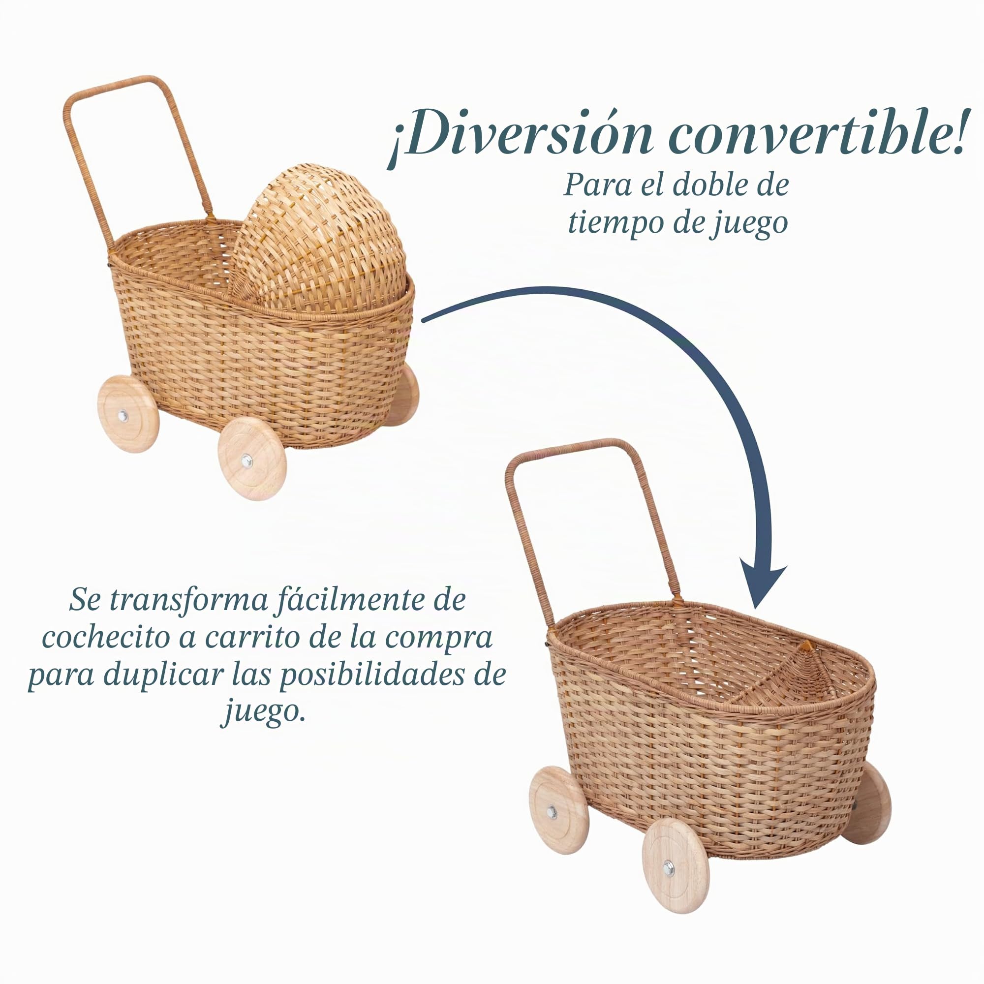 GON Stroller – Cochecito de mimbre 3 en 1 para muñecas, carrito de la compra y andador para niños, hecho a mano de materiales naturales, con cojín y colchón, cochecito de madera para muñecas a partir