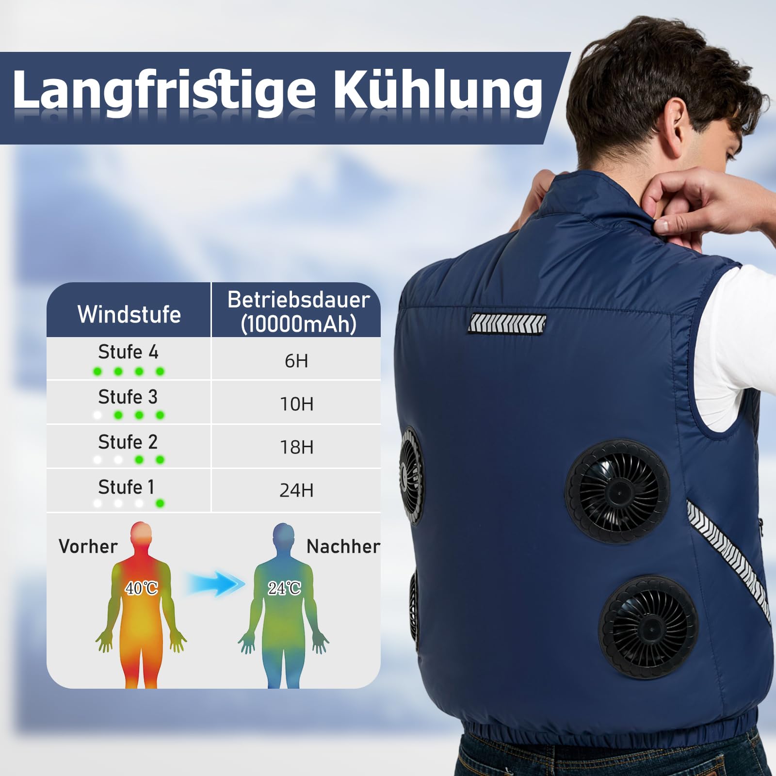 Kühlweste, Elektrische Kühlweste mit 4 Ventilatoren und Akku, Reflektierende Kühljacke für Herren Outdoor Camping, Wandern, Radfahren