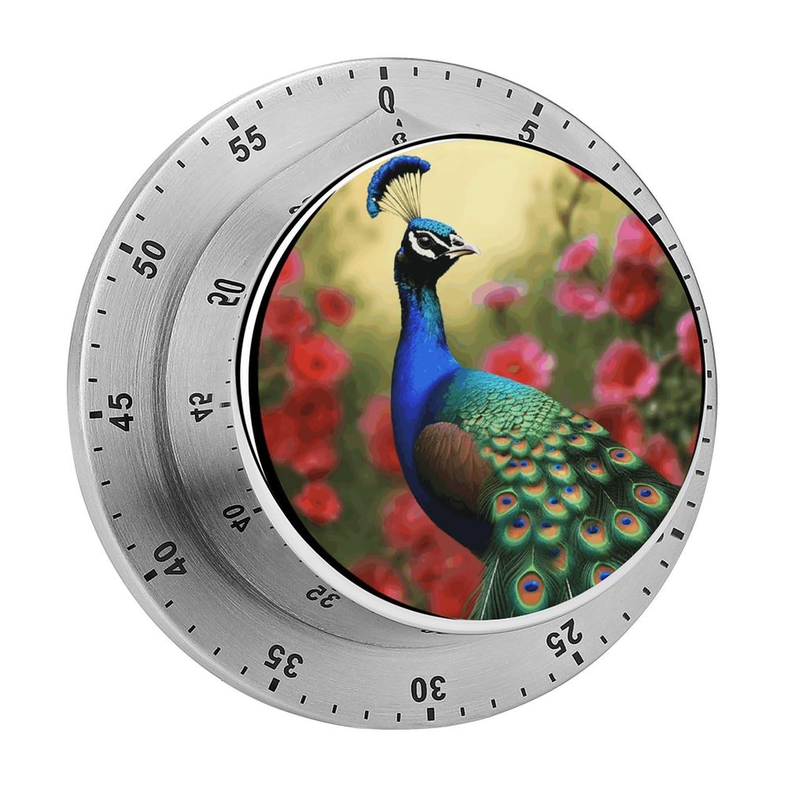 Peacock Flowers Timers Adsorbable Stainless Steel Kitchen Timer Loud 60 Minute Visual Timer Portable Manual Countdown Timers Alarm Clock Time Management Tool for Home Work