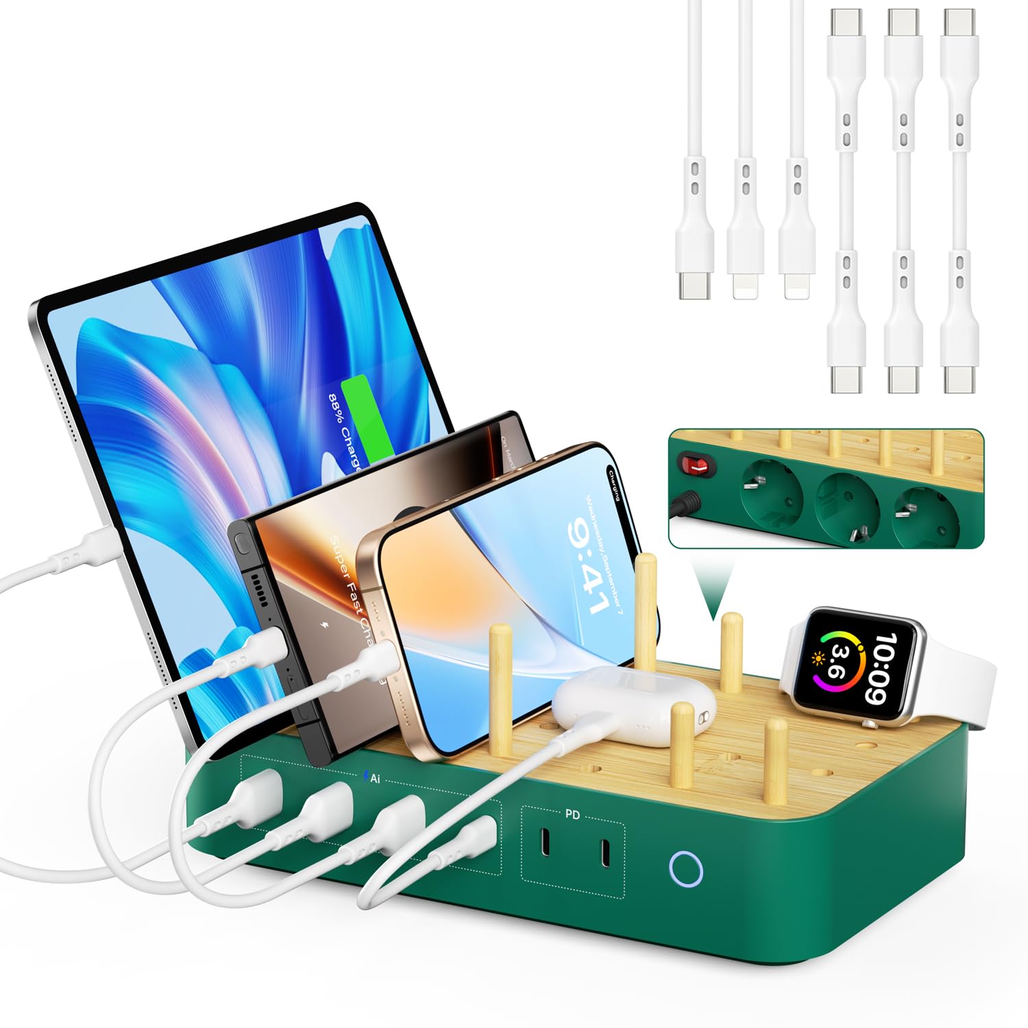 Estación de Carga USB-C de bambú para múltiples Dispositivos,60W, 6 Puertos con 3 Salidas de CA (3 USB C, 3 USBA),Cable de alimentación de 2 m para teléfono, lPad y Tableta(6 Cables incluidos),Verde